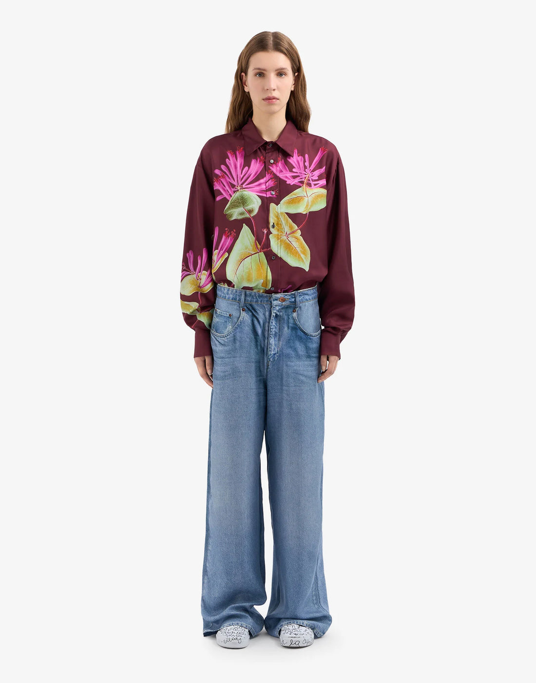 PIERRE-LOUIS MASCIA Pantaloni Aloe in Seta Stampa Denim Blu Chiaro