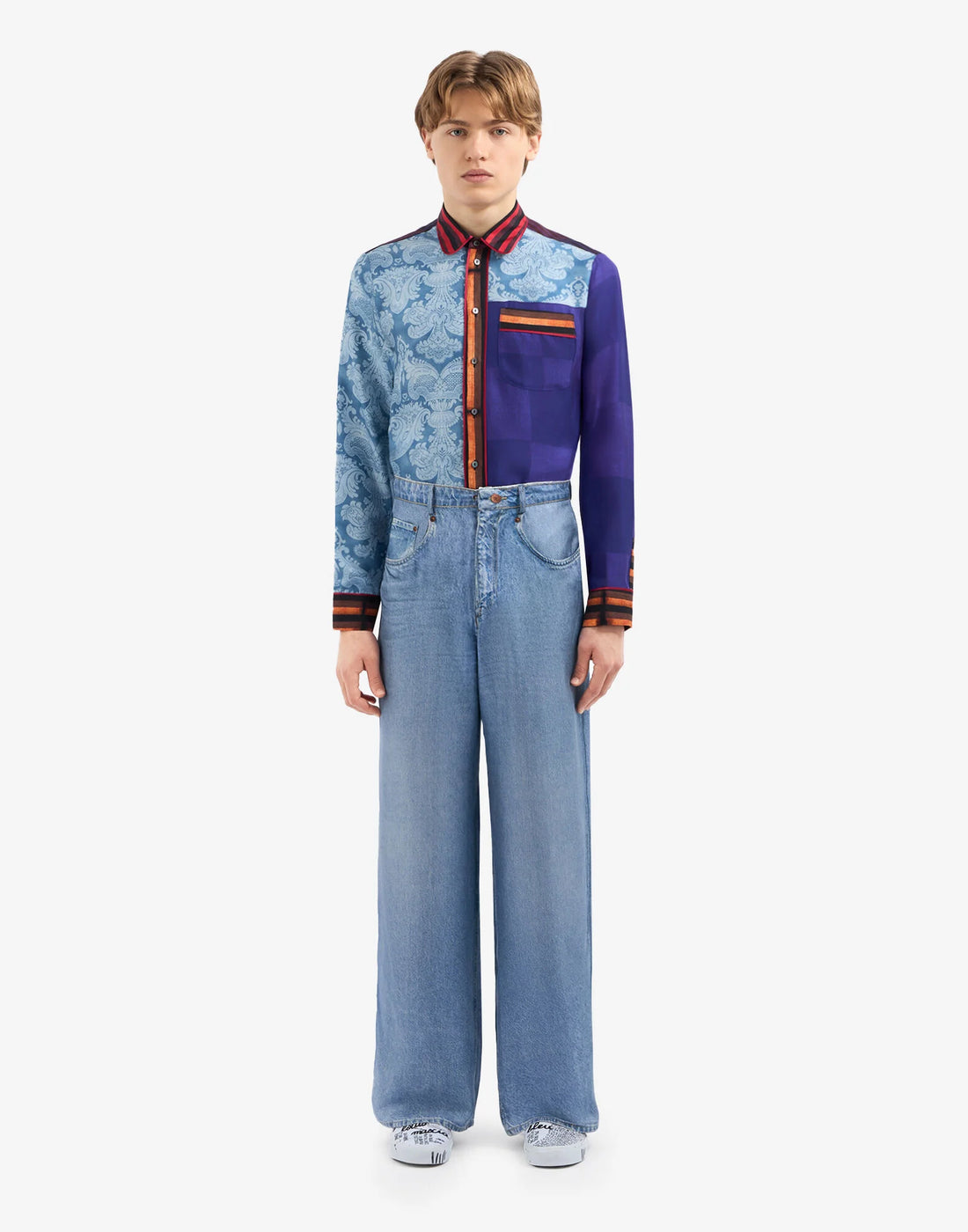 PIERRE-LOUIS MASCIA Pantaloni Aloe in Seta Stampa Denim Blu Chiaro
