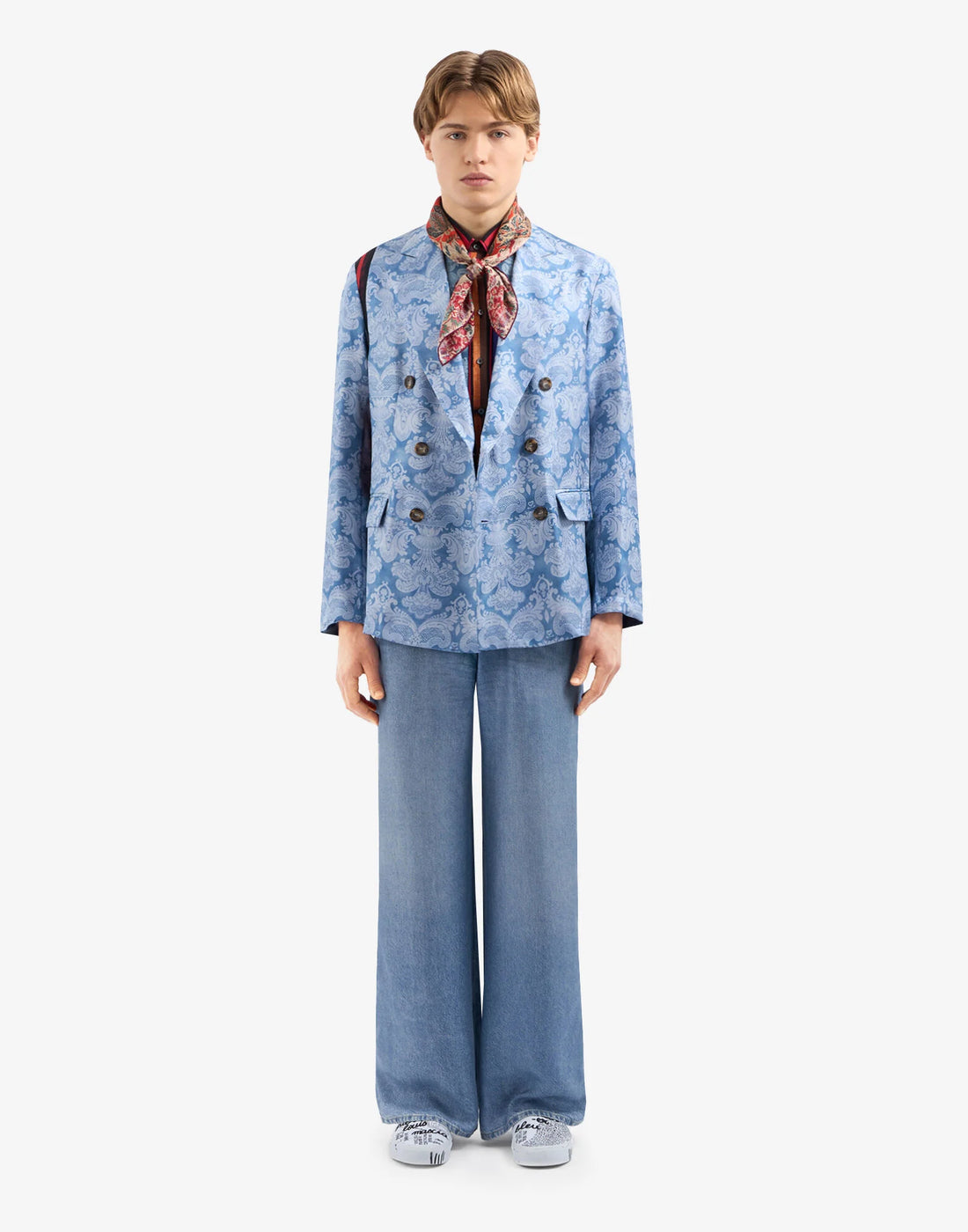 PIERRE-LOUIS MASCIA Pantaloni Aloe in Seta Stampa Denim Blu Chiaro