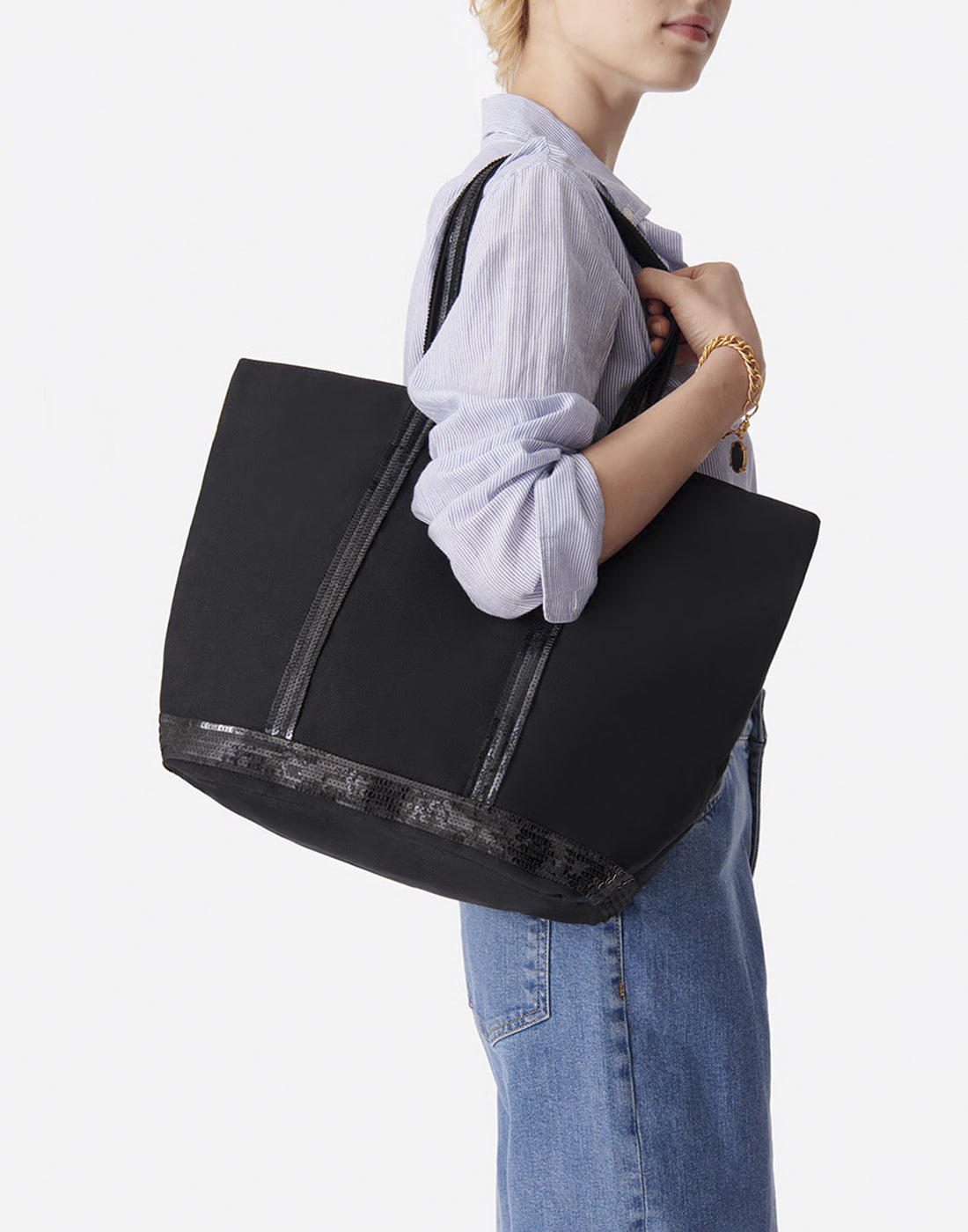 VANESSA BRUNO Borsa Tote Cabas L con Zip in Canvas Nera