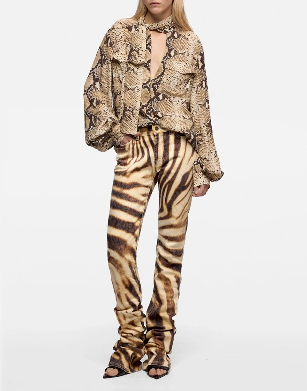 7 FOR ALL MANKIND Blusa con Maniche Balloon in Viscosa con Stampa Snake