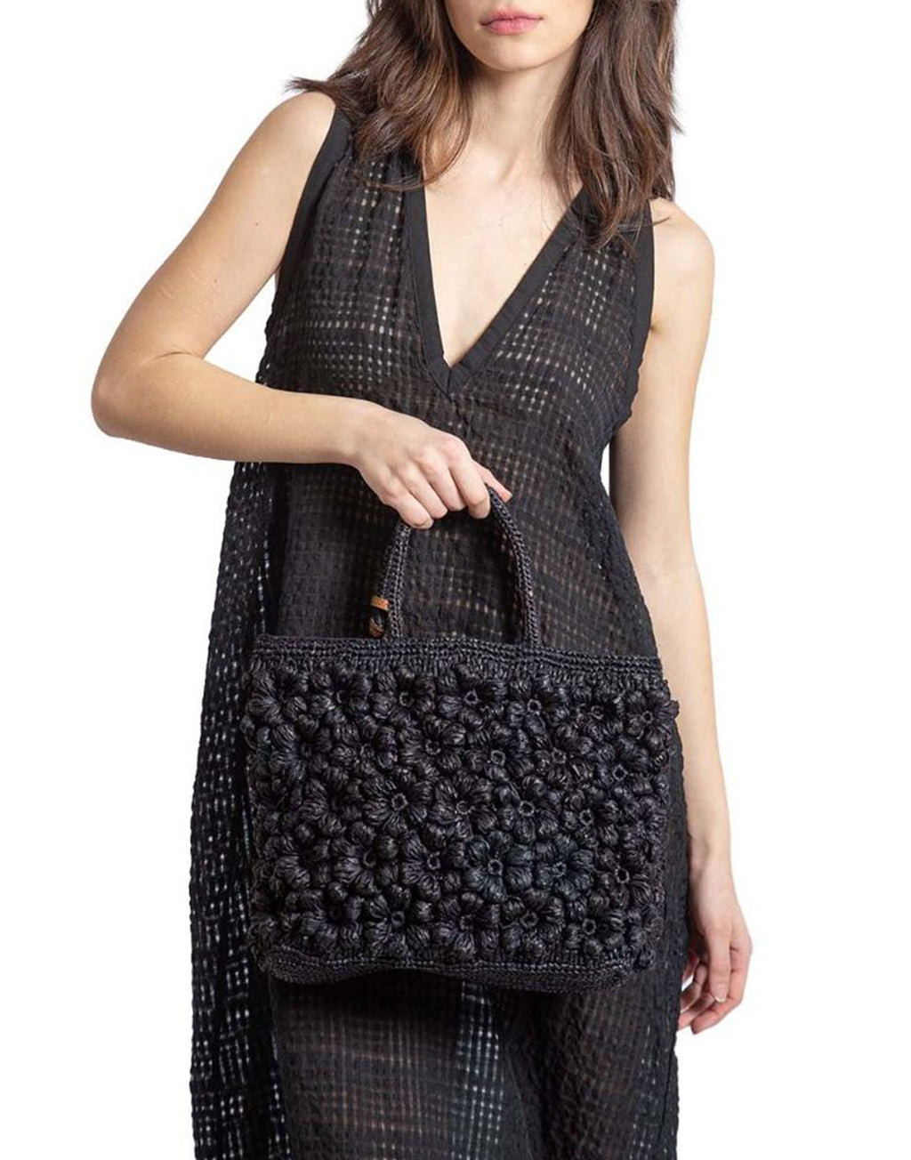 AFAR Borsa Flower Small in Rafia Nera