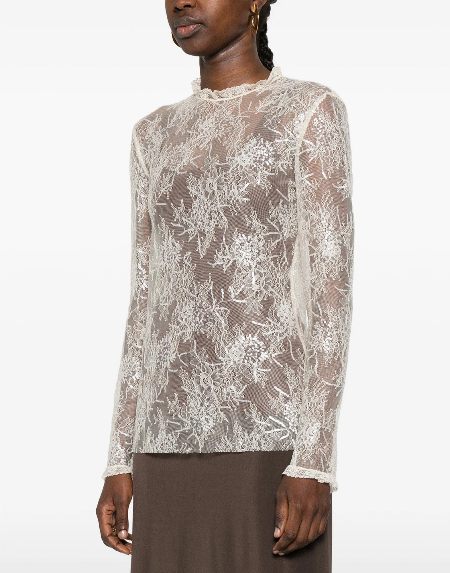 ALBERTA FERRETTI Blusa in Pizzo Avorio con Ricamo Pailettes