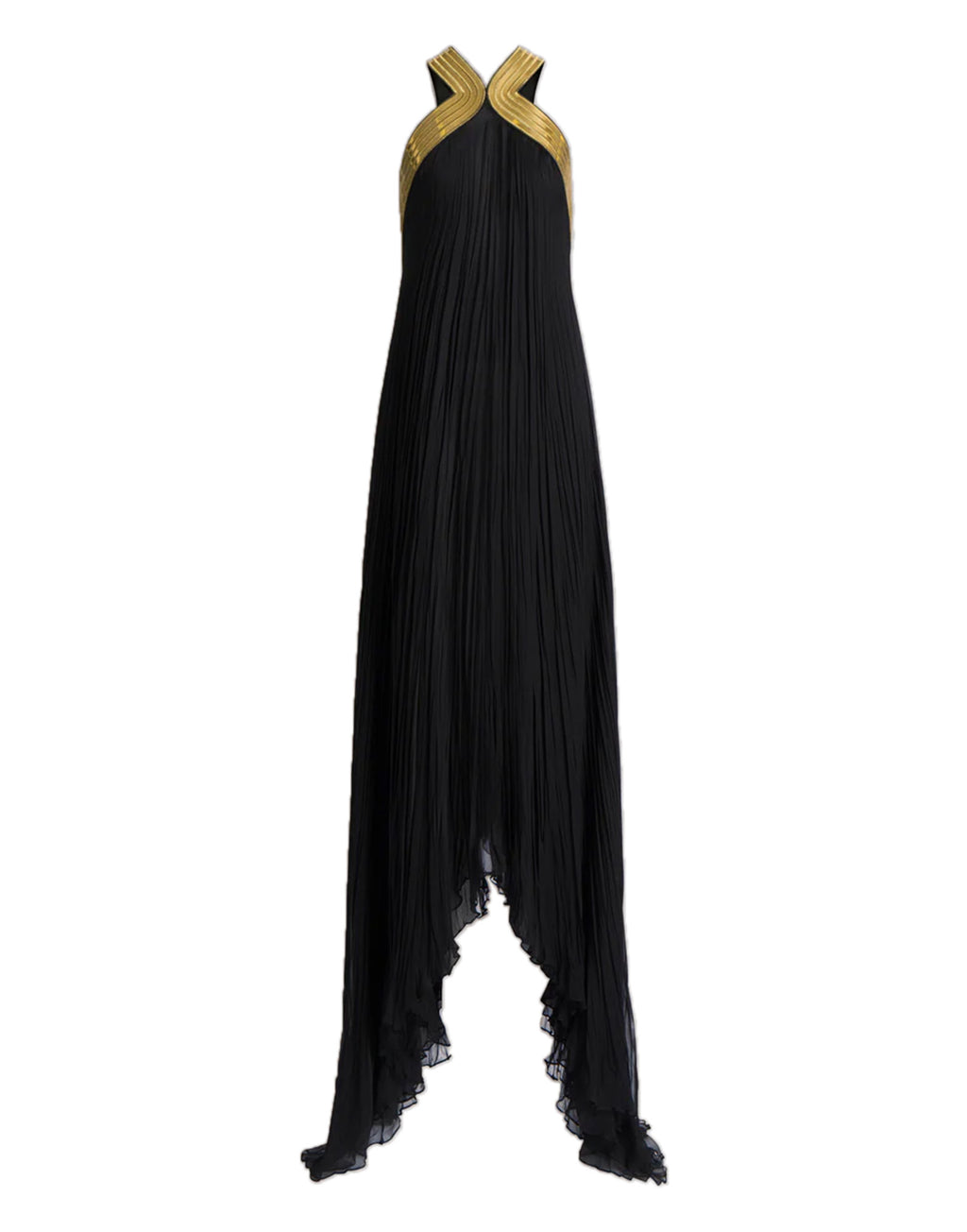 ALBERTA FERRETTI Abito Lungo in Chiffon Plissé con Ricami Metallici Nero