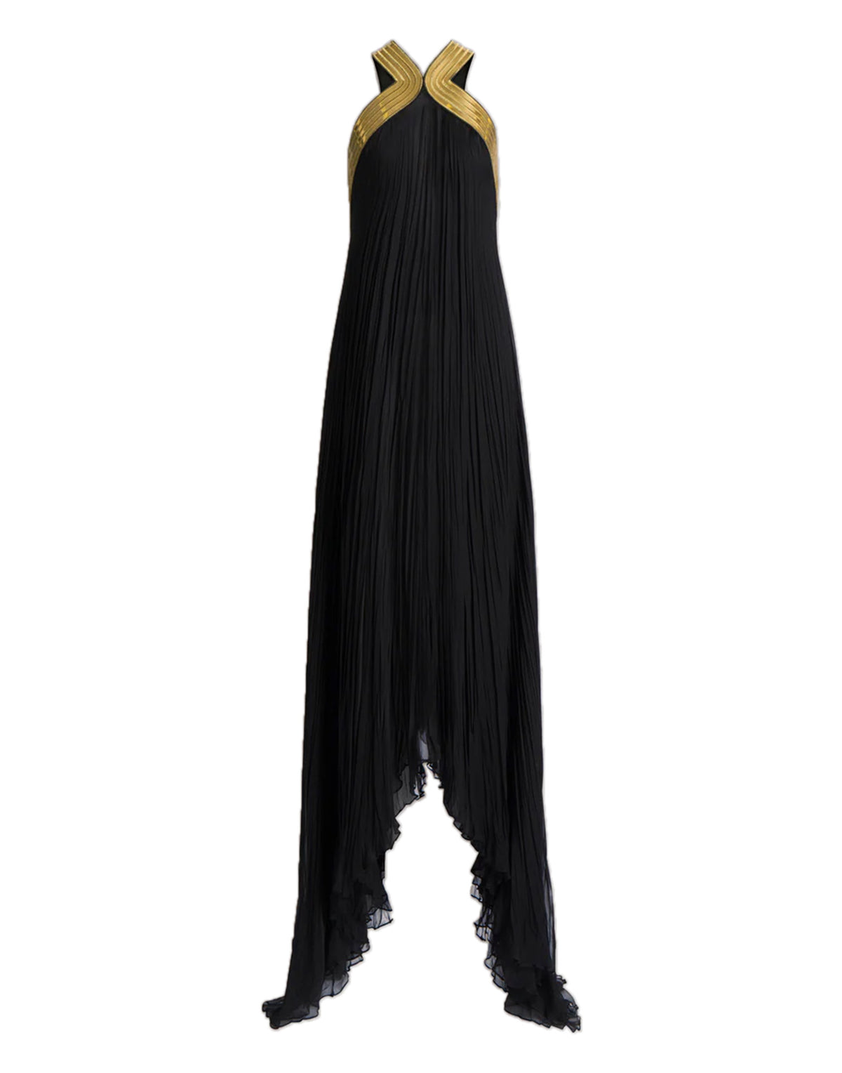 ALBERTA FERRETTI Abito Lungo in Chiffon Plissé con Ricami Metallici Nero