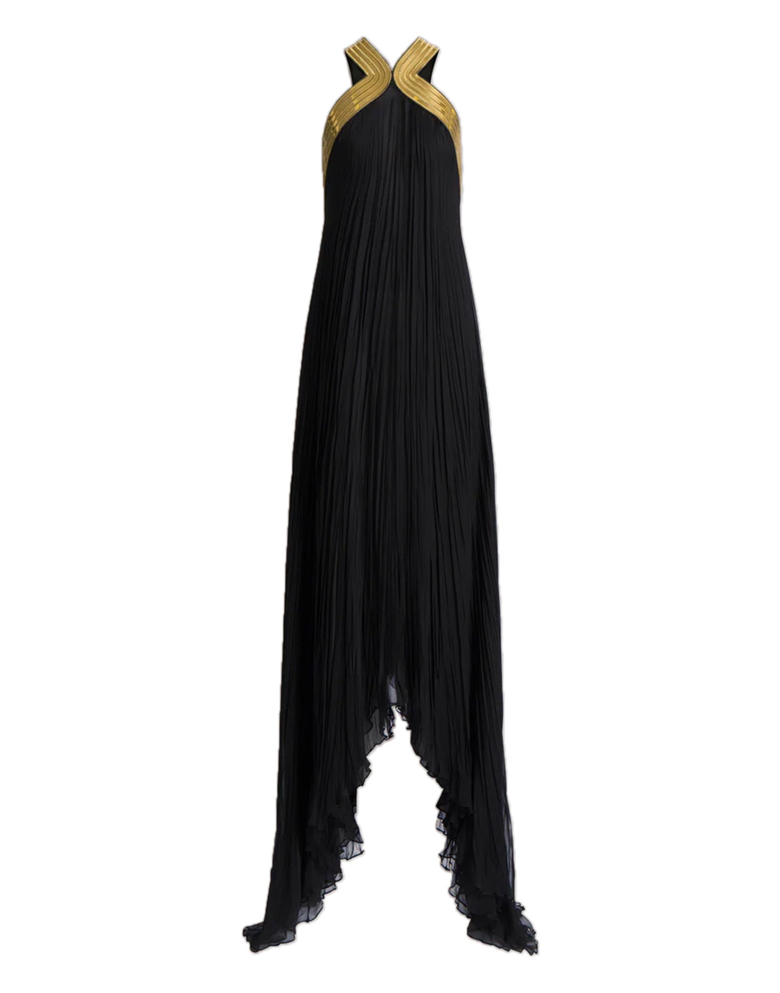 ALBERTA FERRETTI Abito Lungo in Chiffon Plissé con Ricami Metallici Nero