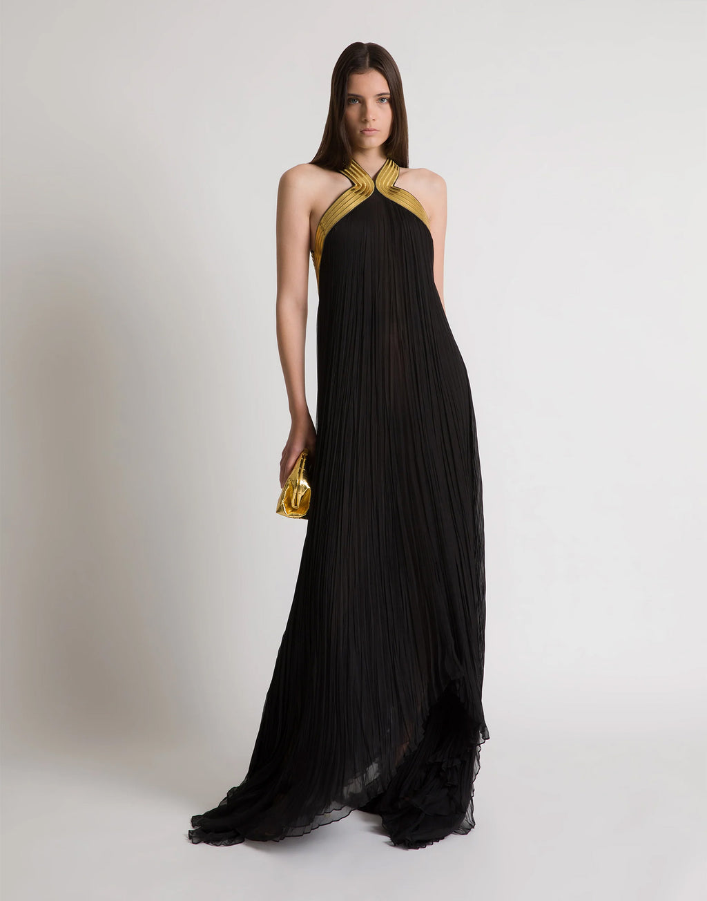 ALBERTA FERRETTI Abito Lungo in Chiffon Plissé con Ricami Metallici Nero
