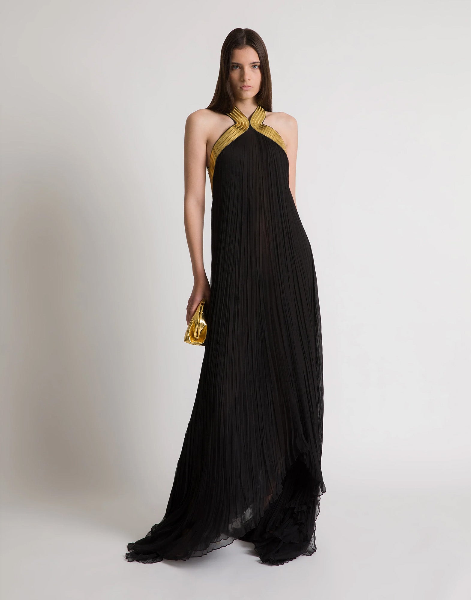 ALBERTA FERRETTI Abito Lungo in Chiffon Plissé con Ricami Metallici Nero