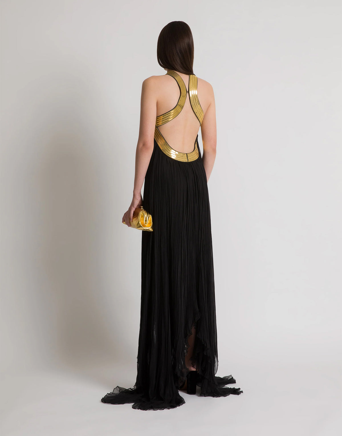 ALBERTA FERRETTI Abito Lungo in Chiffon Plissé con Ricami Metallici Nero