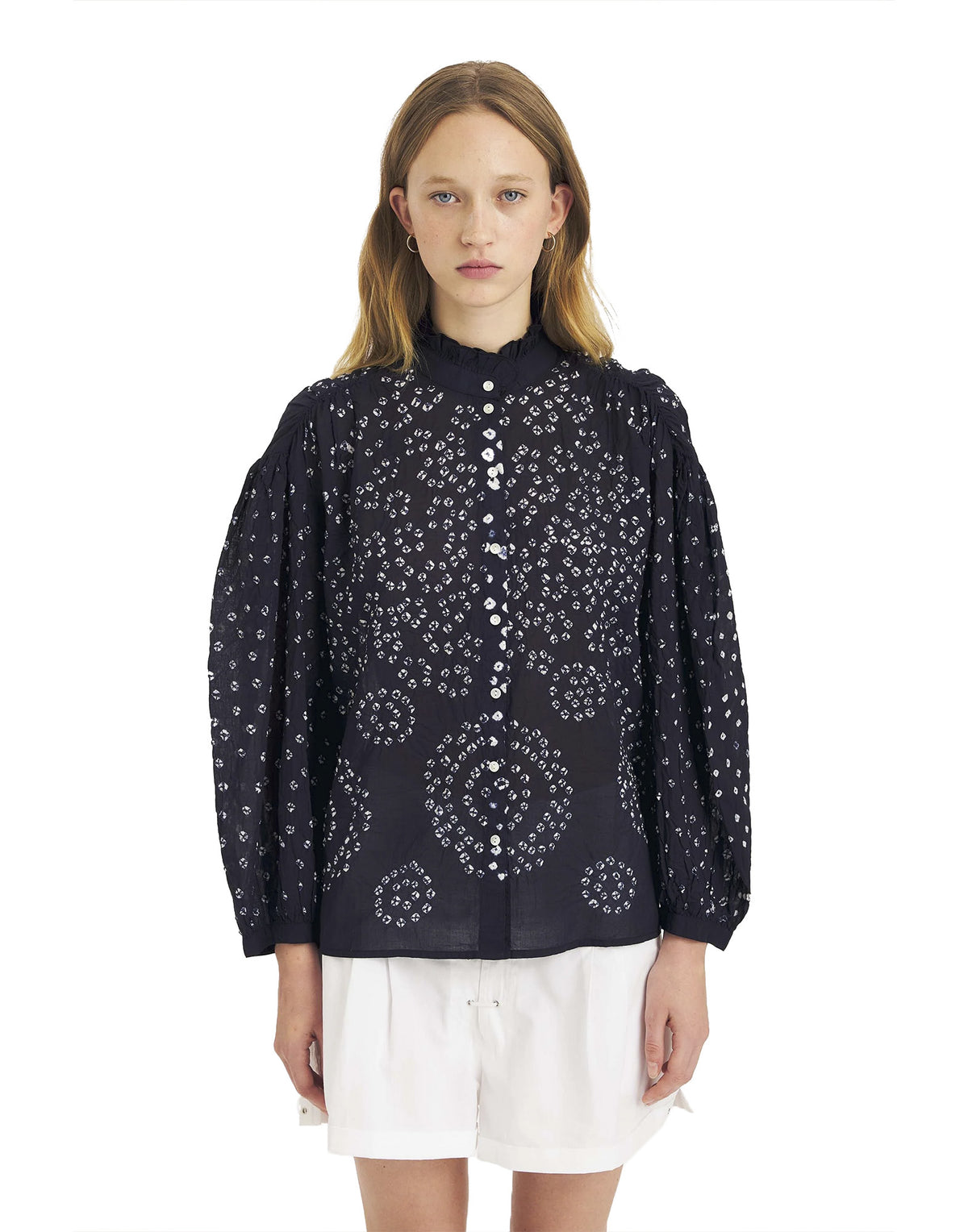 ANTIK BATIK Blusa in Voile di Cotone Bandhani Navy