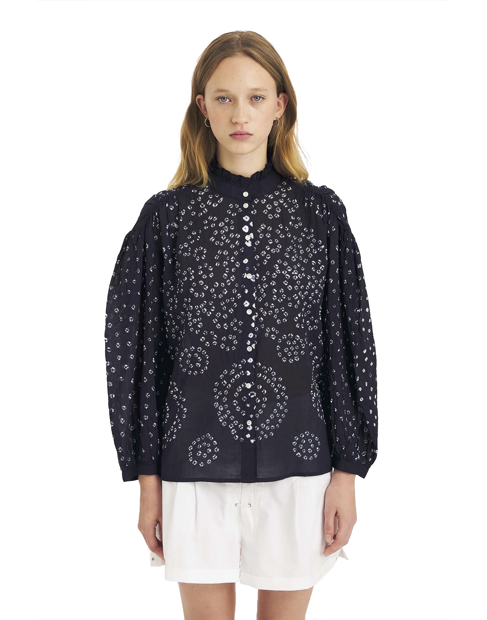 ANTIK BATIK Blusa in Voile di Cotone Bandhani Navy