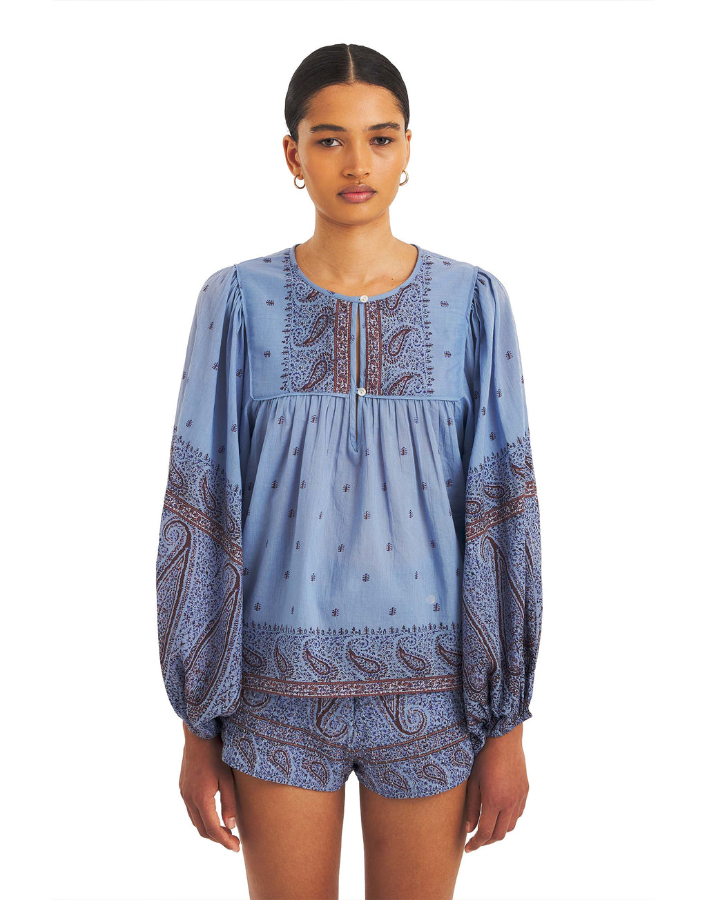 ANTIK BATIK Blusa in Voile di Cotone con Motivo Paisley Blue