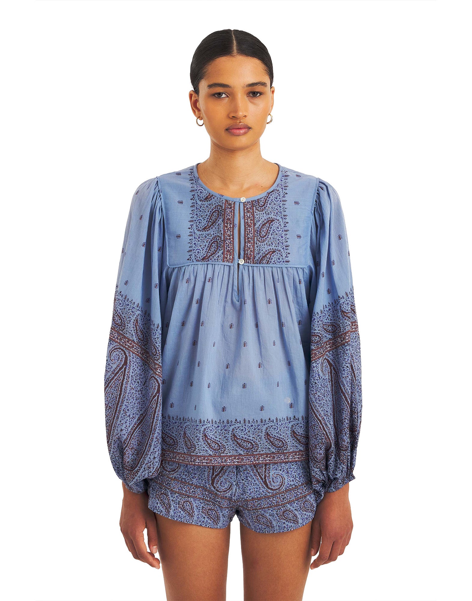 ANTIK BATIK Blusa in Voile di Cotone con Motivo Paisley Blue