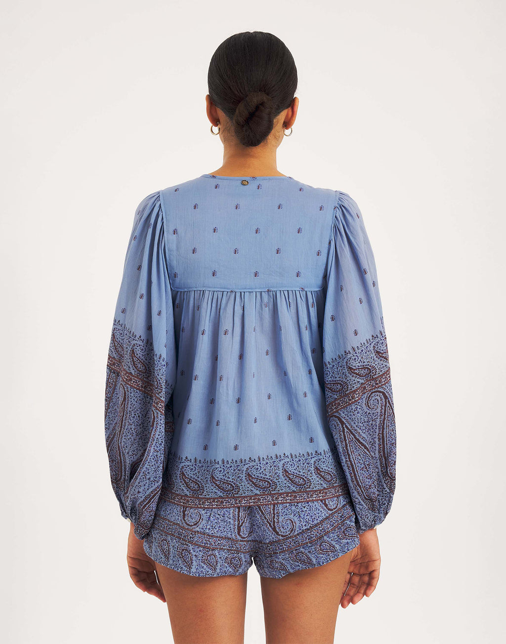 ANTIK BATIK Blusa in Voile di Cotone con Motivo Paisley Blue