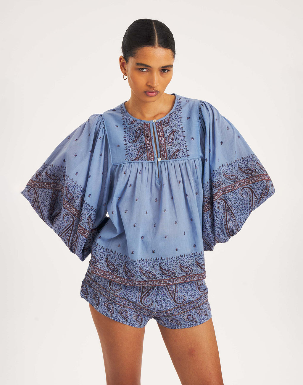 ANTIK BATIK Blusa in Voile di Cotone con Motivo Paisley Blue