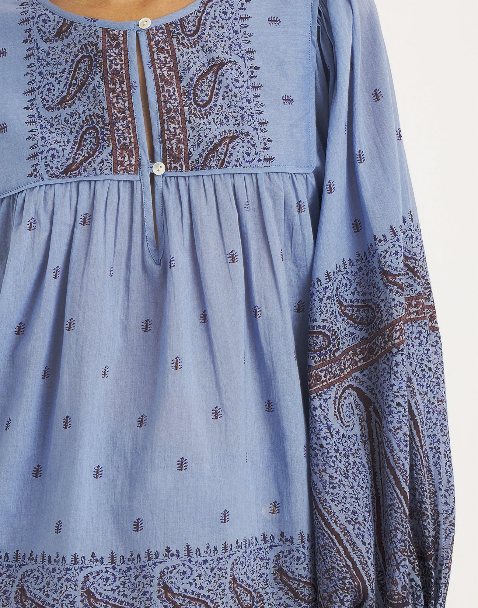 ANTIK BATIK Blusa in Voile di Cotone con Motivo Paisley Blue