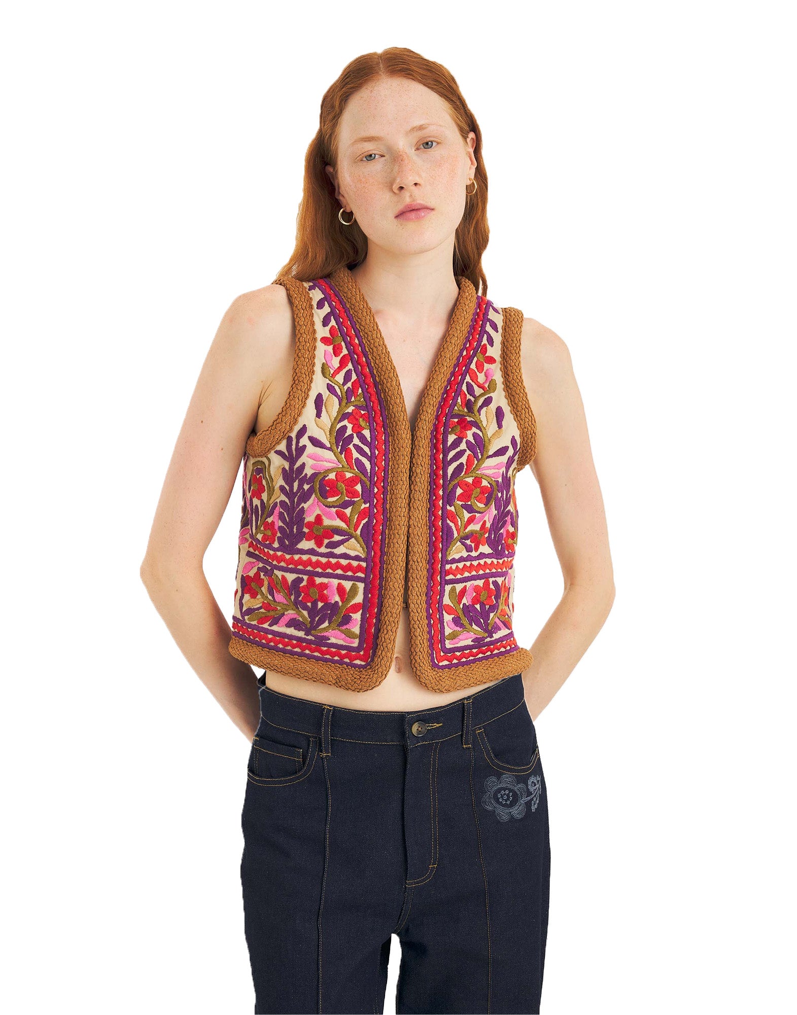 ANTIK BATIK Gilet Suna Ricamato in Cotone Cream