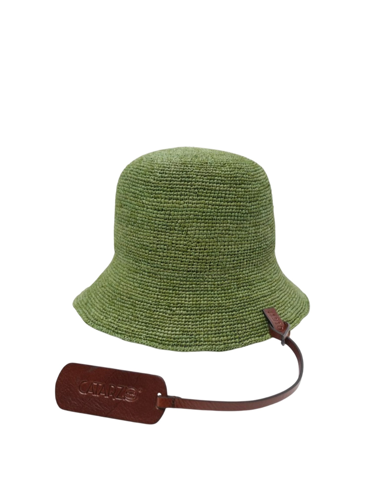 CATARZI Cloche in Raffia Crochet con Pendente in Pelle Verde/Brandy