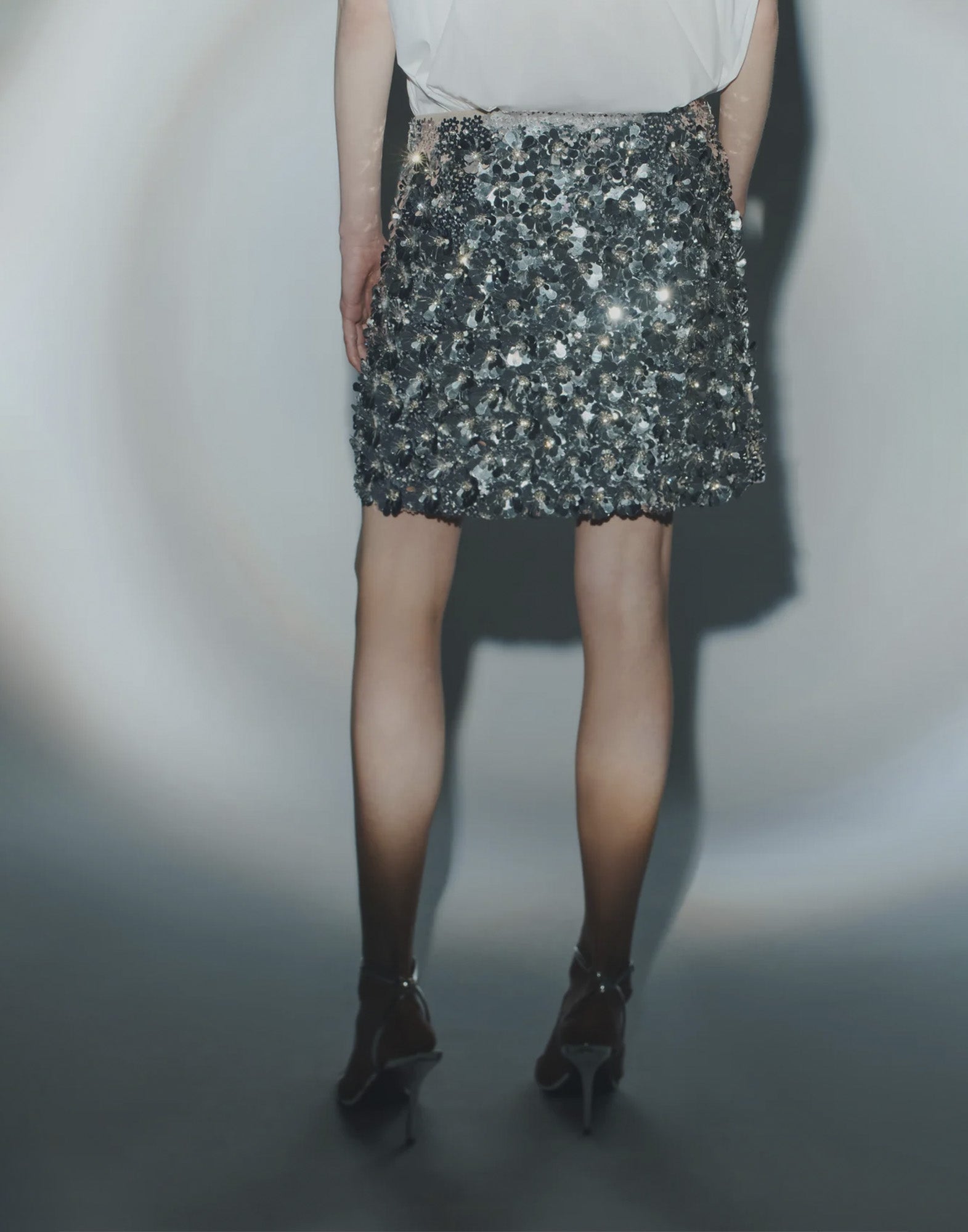 CIRCUS HOTEL Gonna Mini Ricamata Paillettes Argento