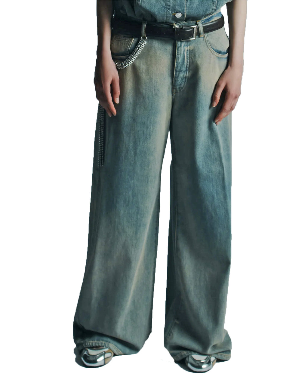 CIRCUS HOTEL Jeans Ampi con Strass Bleach Denim Wash
