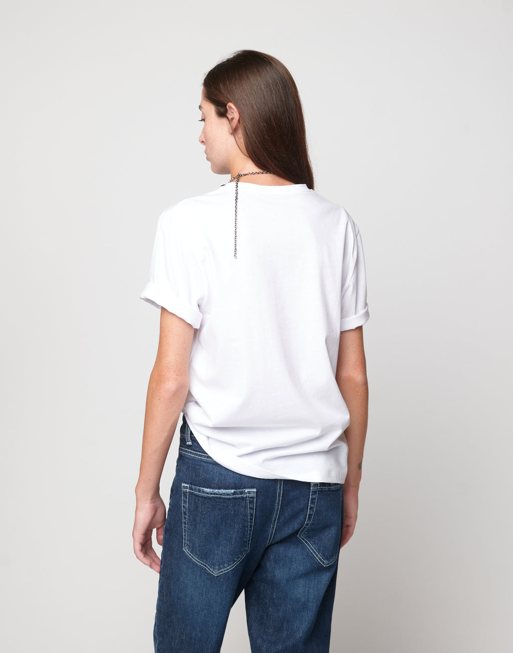 DOUUOD T-shirt Manica Corta con Collana Sequin Off White