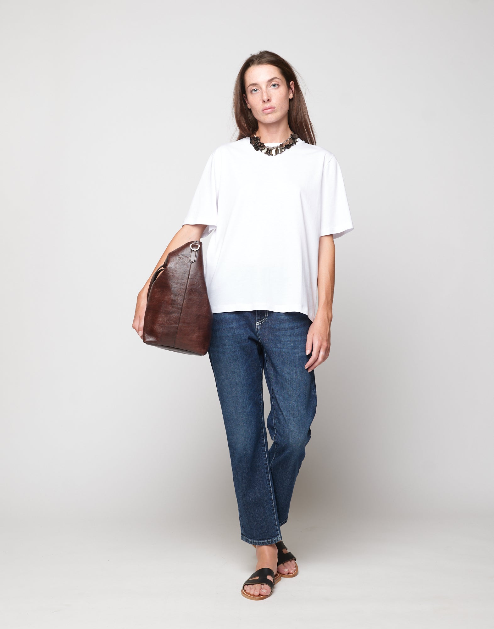 DOUUOD T-shirt Manica Corta con Collana Sequin Off White