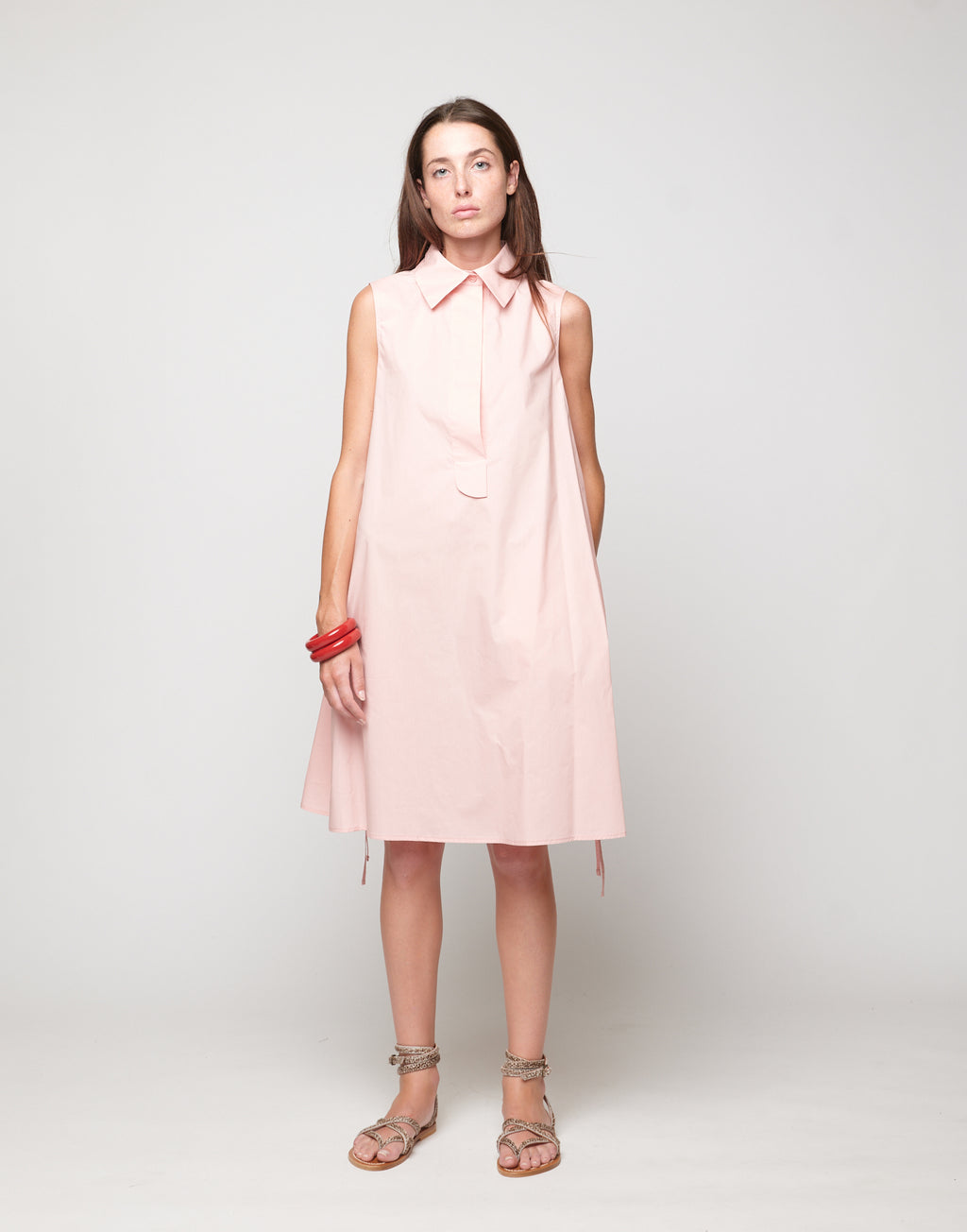 DOUUOD Abito Polo A-Line in Popeline di Cotone Fard