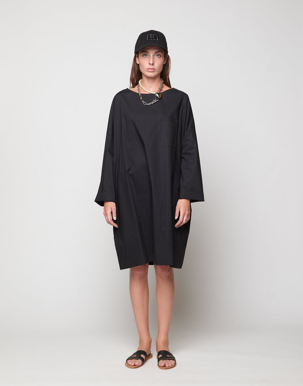 DOUUOD Abito Sack Loose Popeline di Cotone Nero