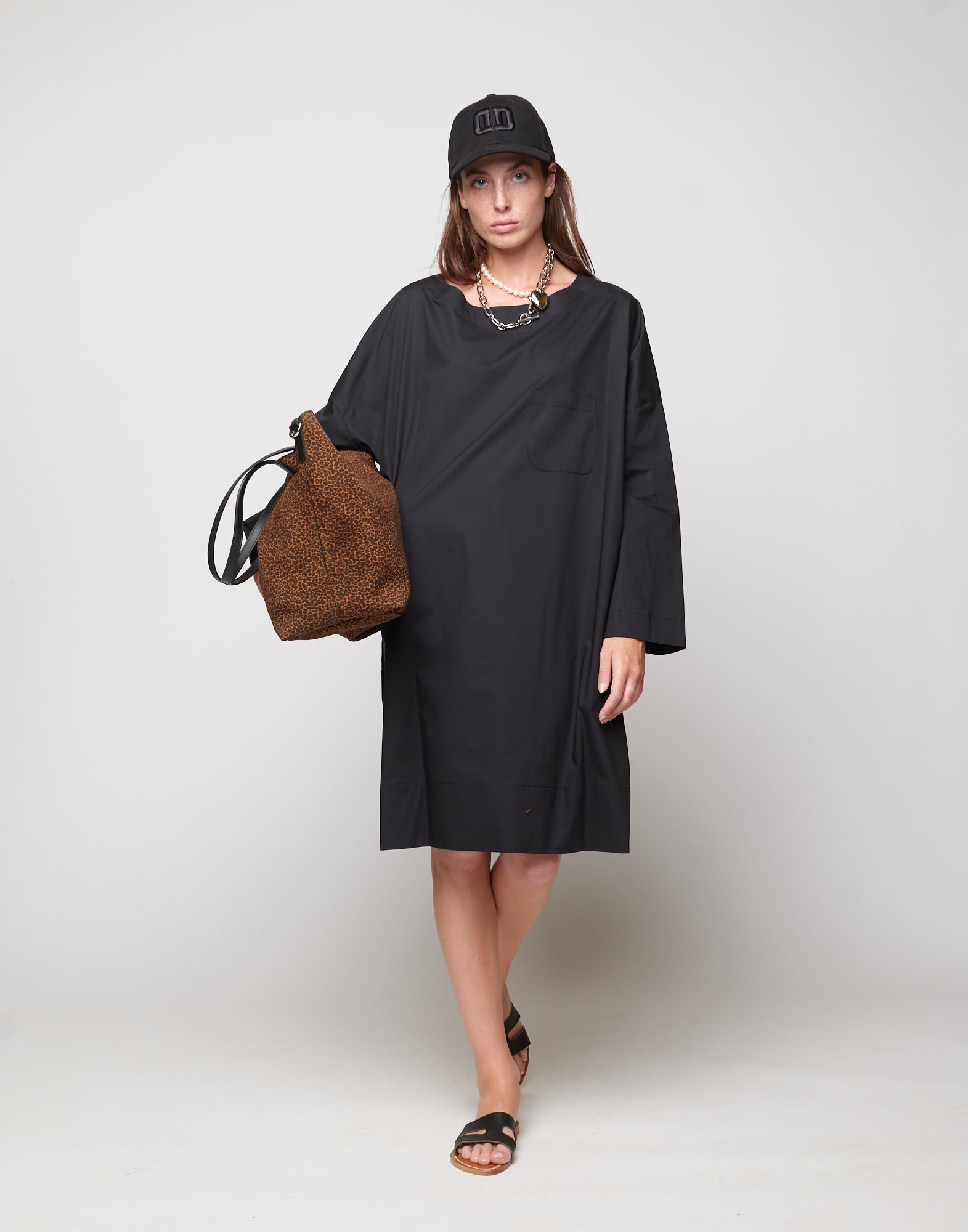 DOUUOD Abito Sack Loose Popeline di Cotone Nero