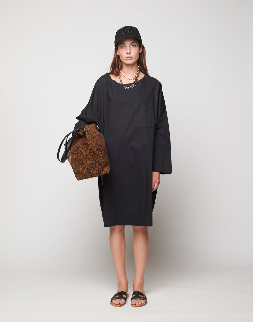 DOUUOD Abito Sack Loose Popeline di Cotone Nero