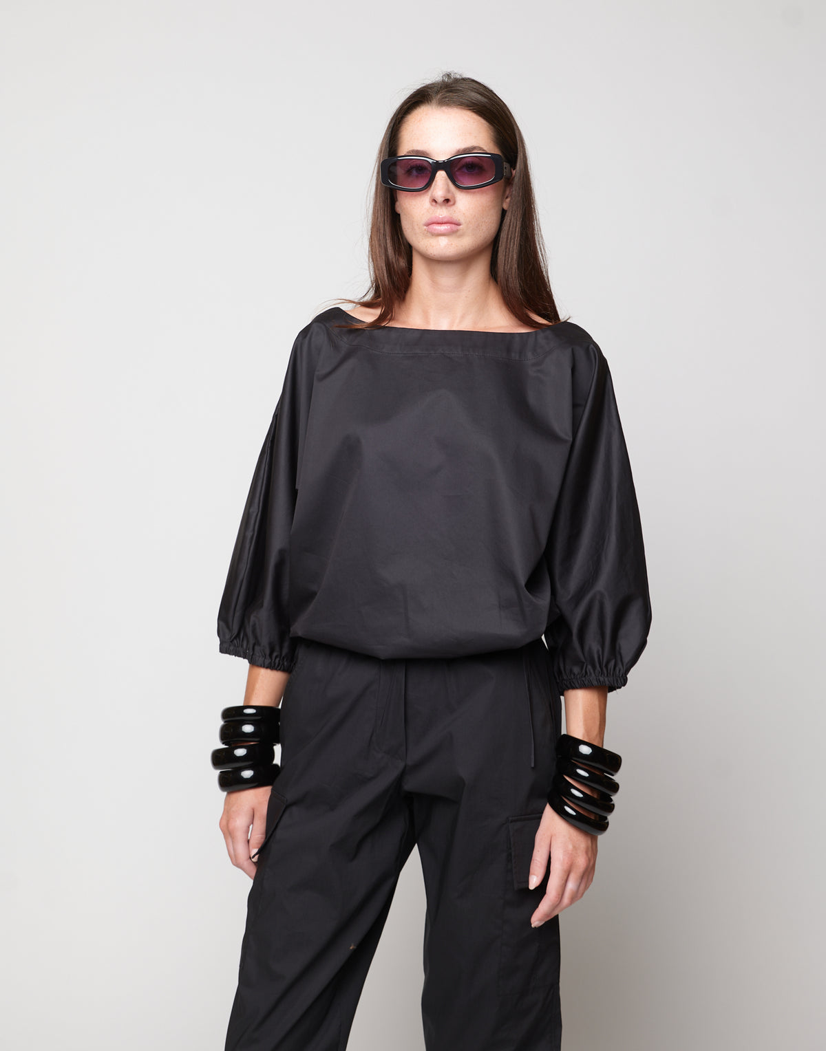 DOUUOD Blusa Kimono con Coulisse in Popeline di Cotone Nera