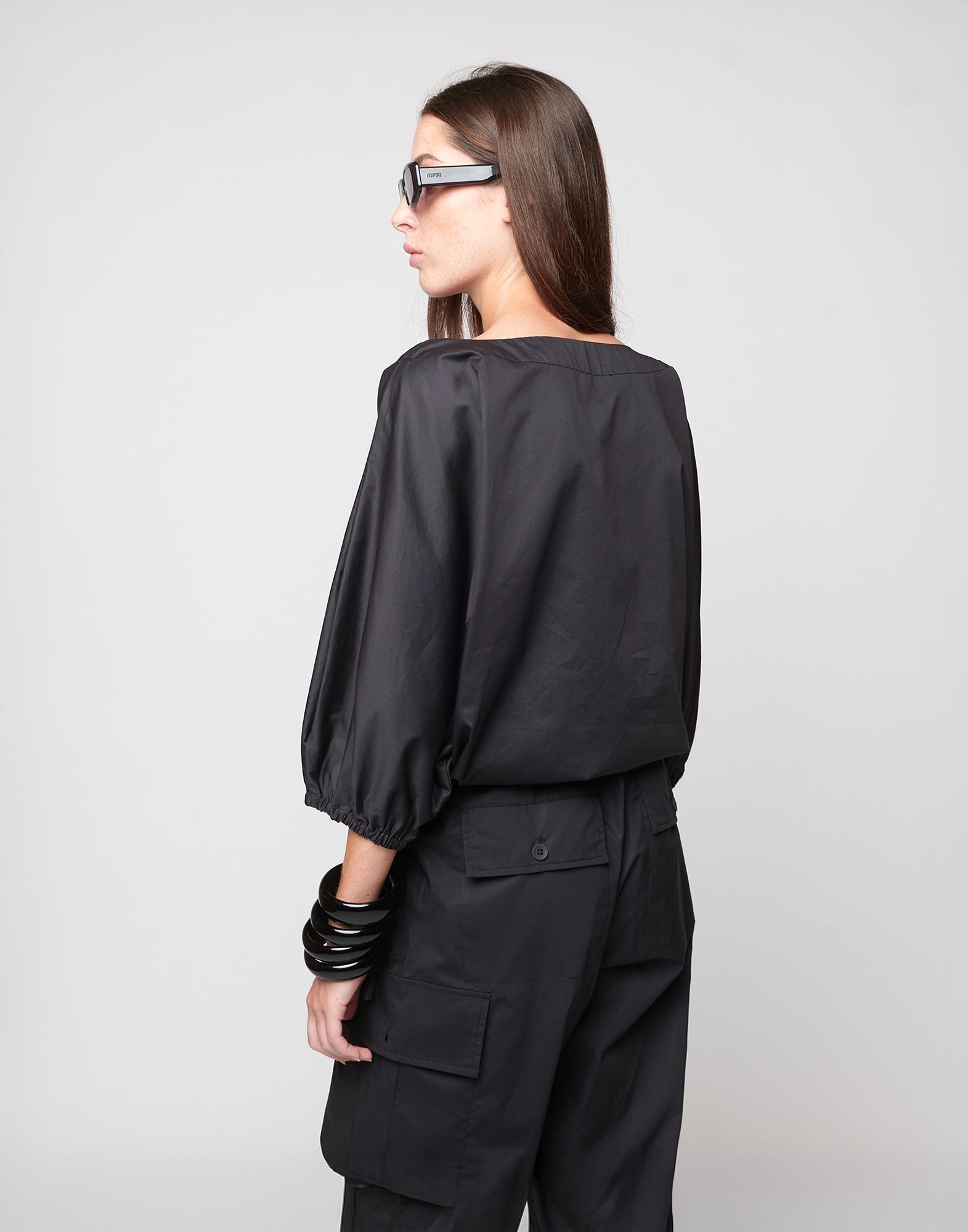 DOUUOD Blusa Kimono con Coulisse in Popeline di Cotone Nera
