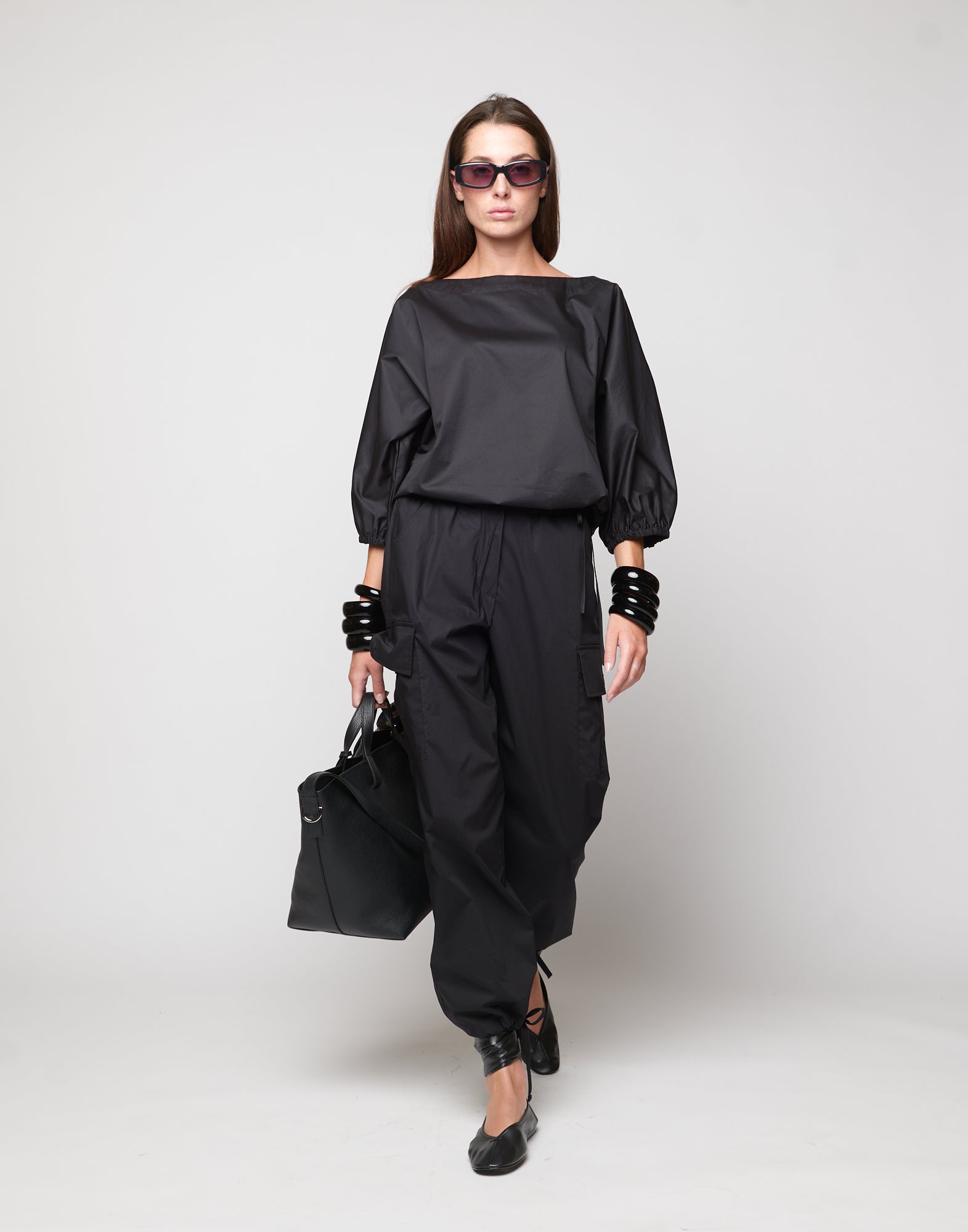 DOUUOD Blusa Kimono con Coulisse in Popeline di Cotone Nera