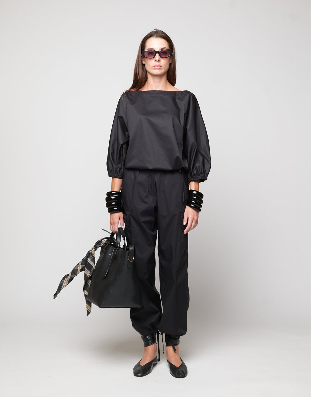 DOUUOD Blusa Kimono con Coulisse in Popeline di Cotone Nera