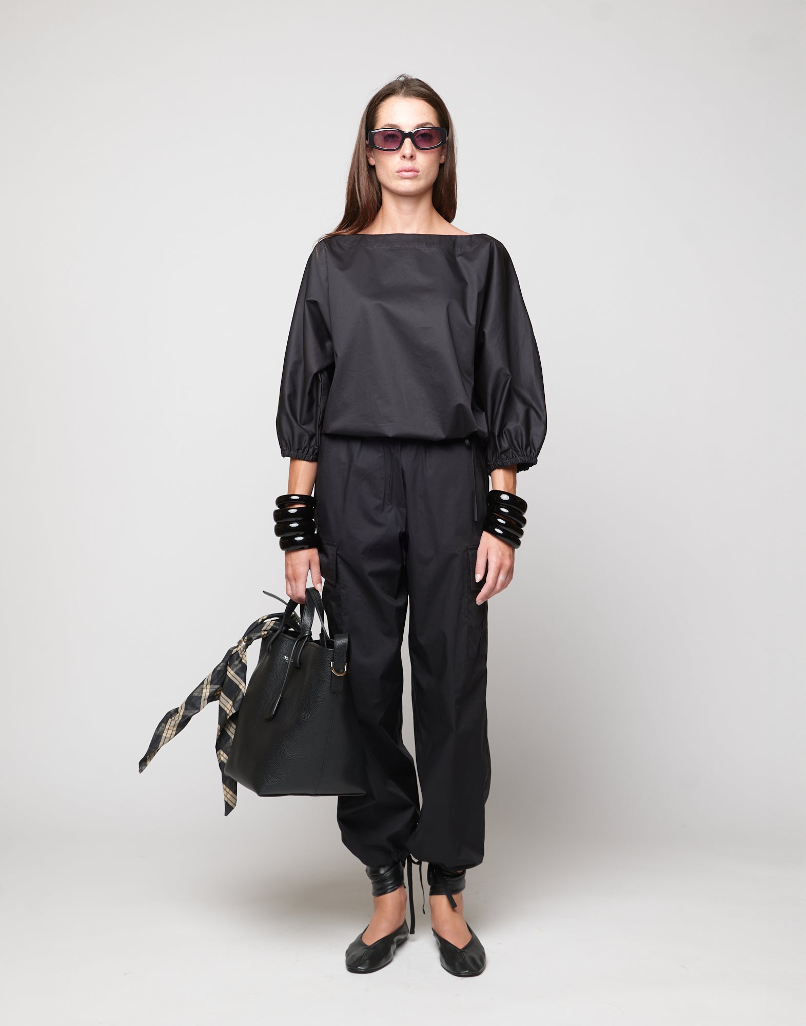 DOUUOD Blusa Kimono con Coulisse in Popeline di Cotone Nera