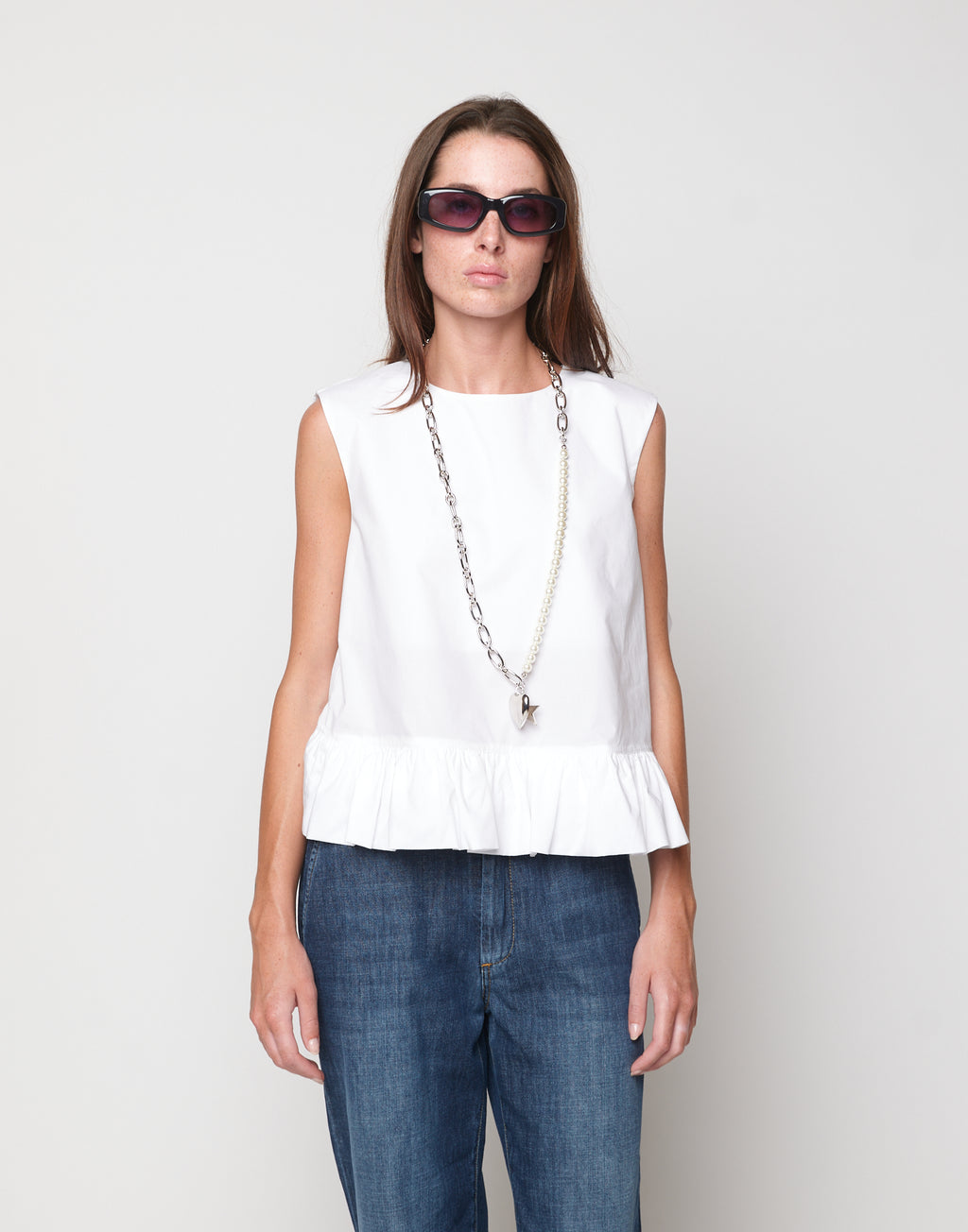 DOUUOD Top Peplo in Popeline di Cotone Off White