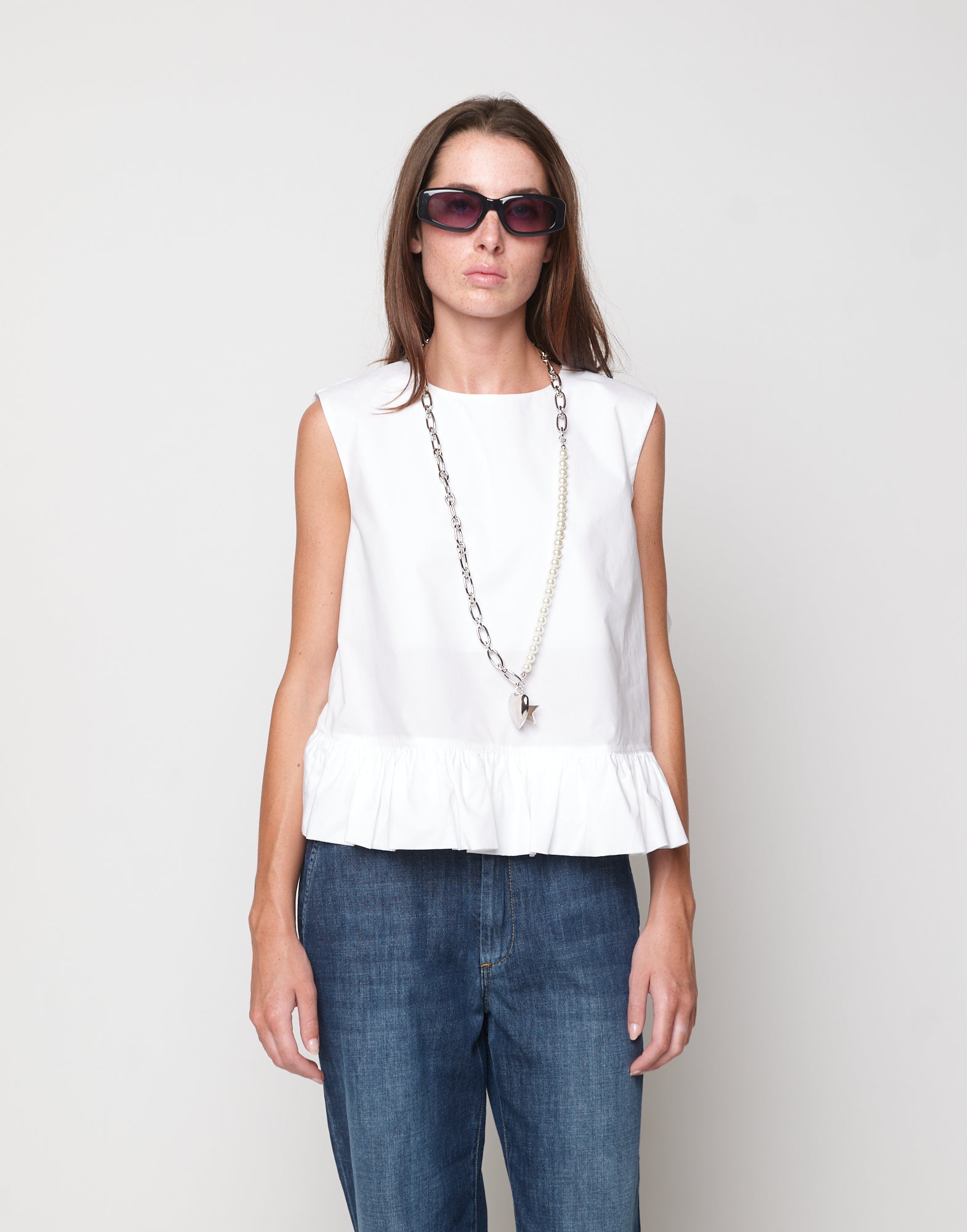 DOUUOD Top Peplo in Popeline di Cotone Off White