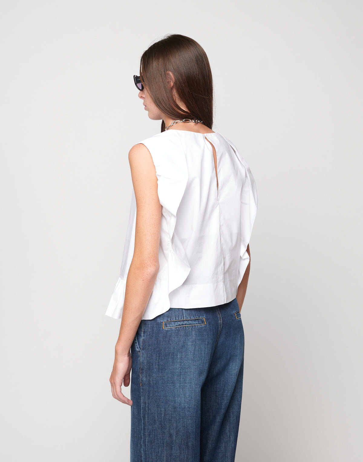 DOUUOD Top Peplo in Popeline di Cotone Off White