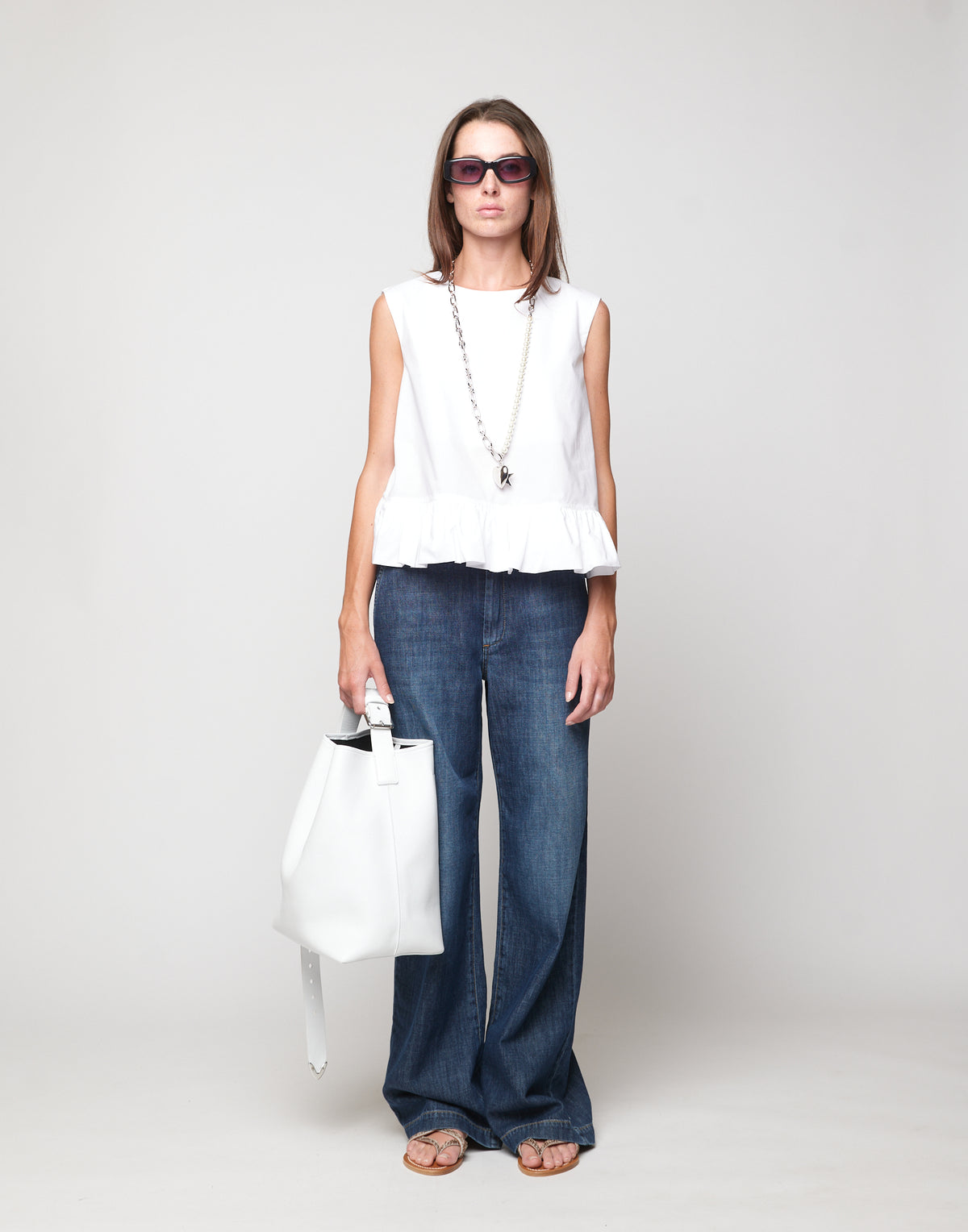 DOUUOD Top Peplo in Popeline di Cotone Off White