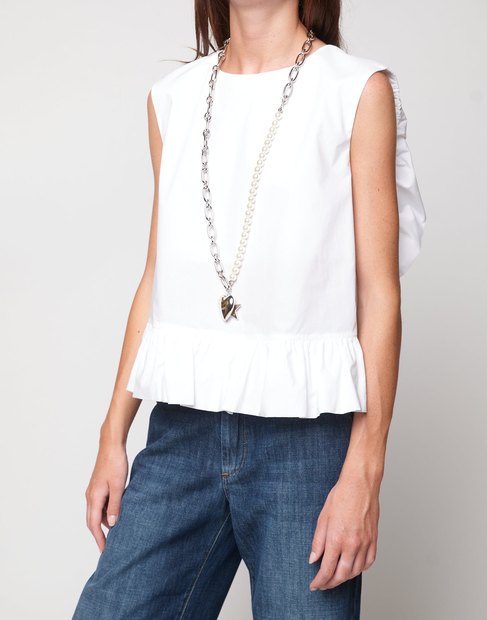 DOUUOD Top Peplo in Popeline di Cotone Off White