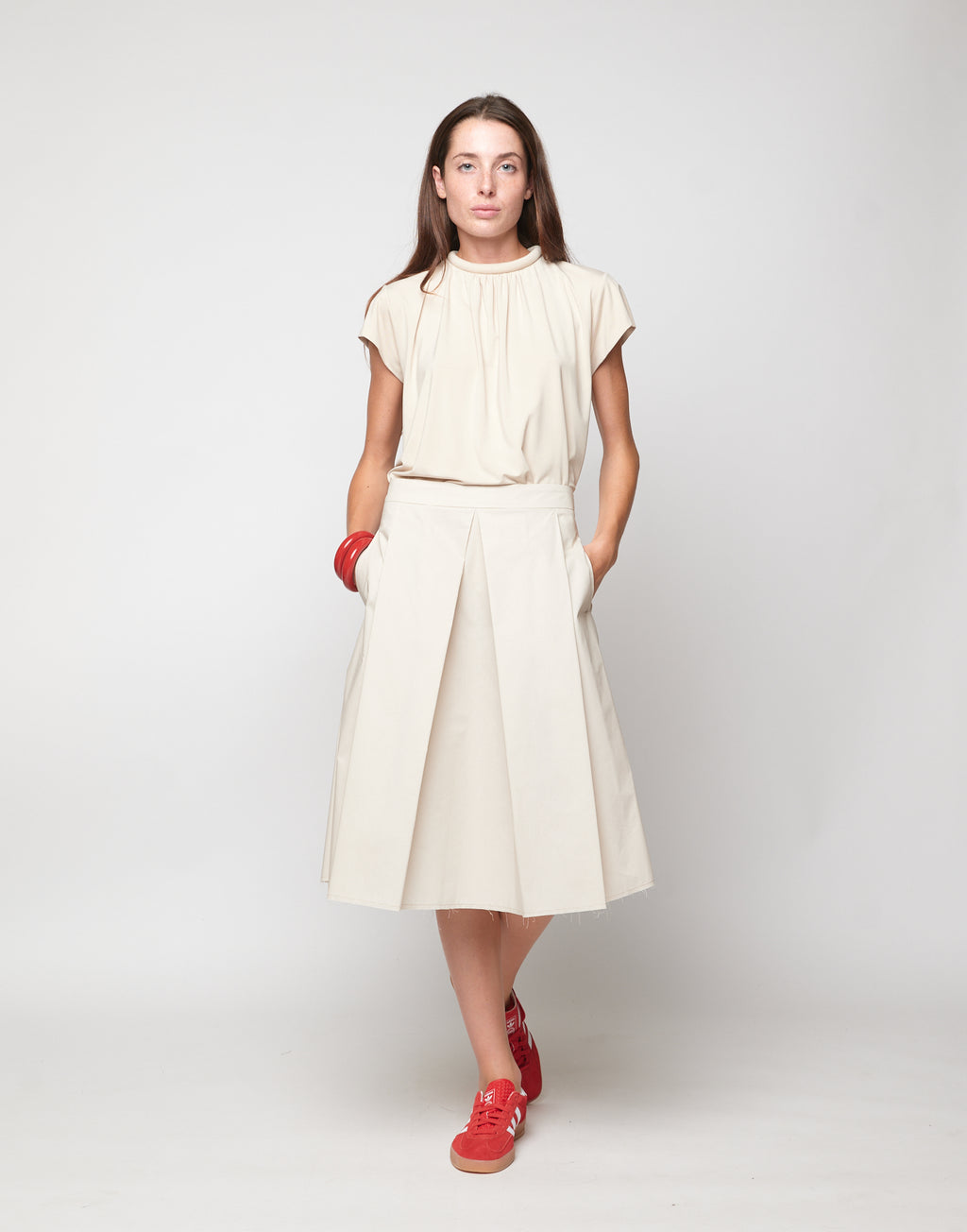 DOUUOD Gonna Midi a Pieghe in Popeline di Cotone Talco