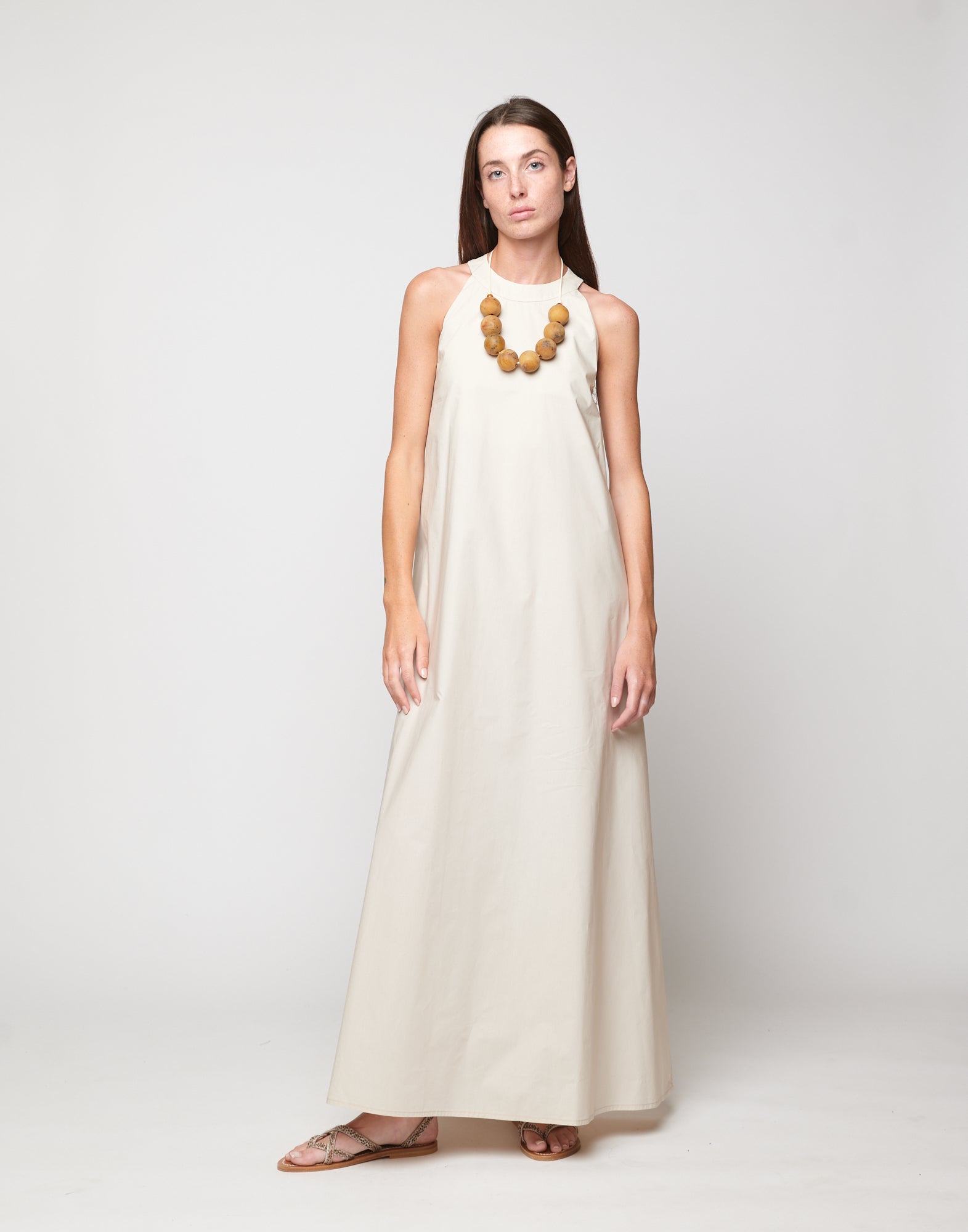 DOUUOD Abito Halter Long in Popeline di Cotone Talco