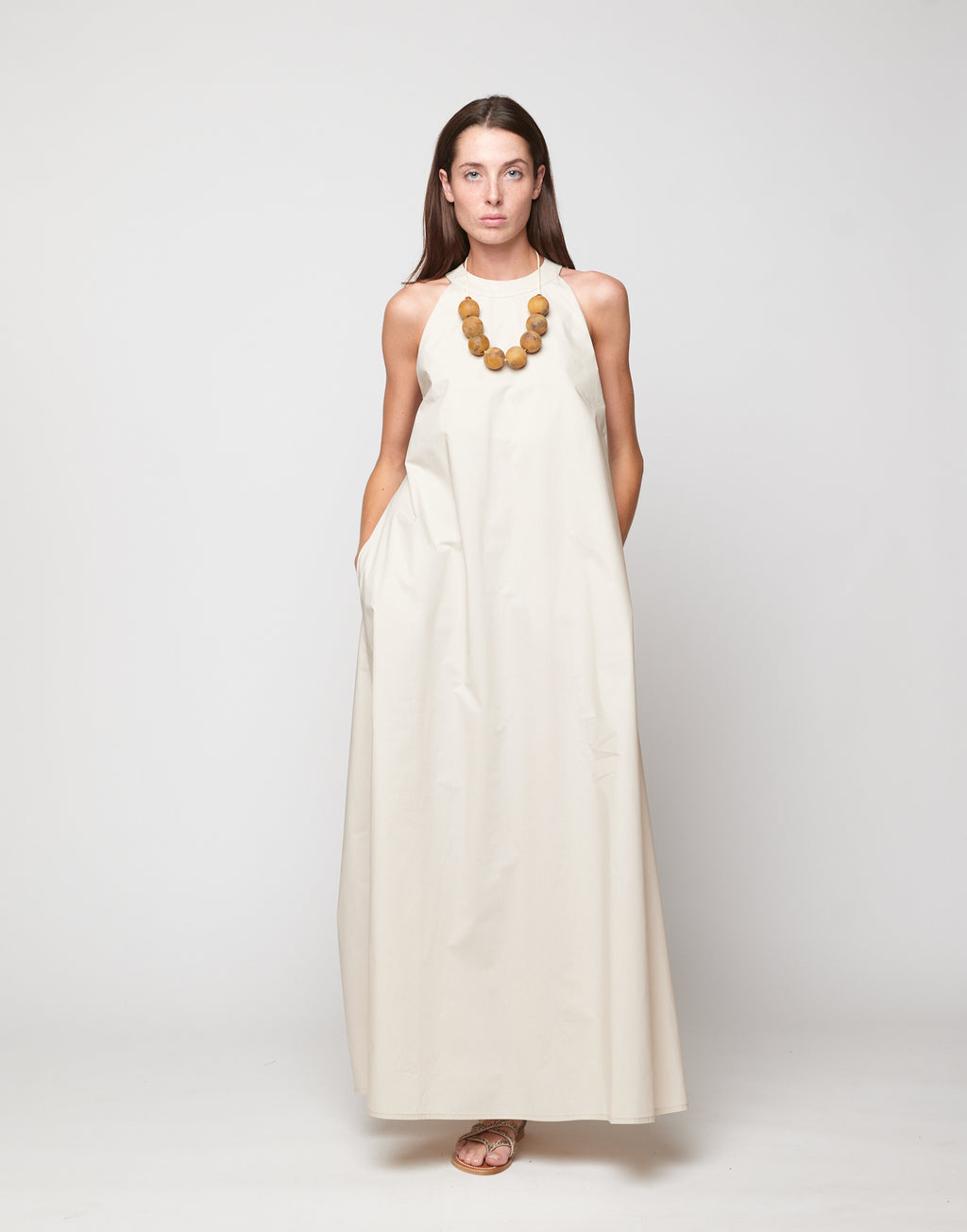 DOUUOD Abito Halter Long in Popeline di Cotone Talco