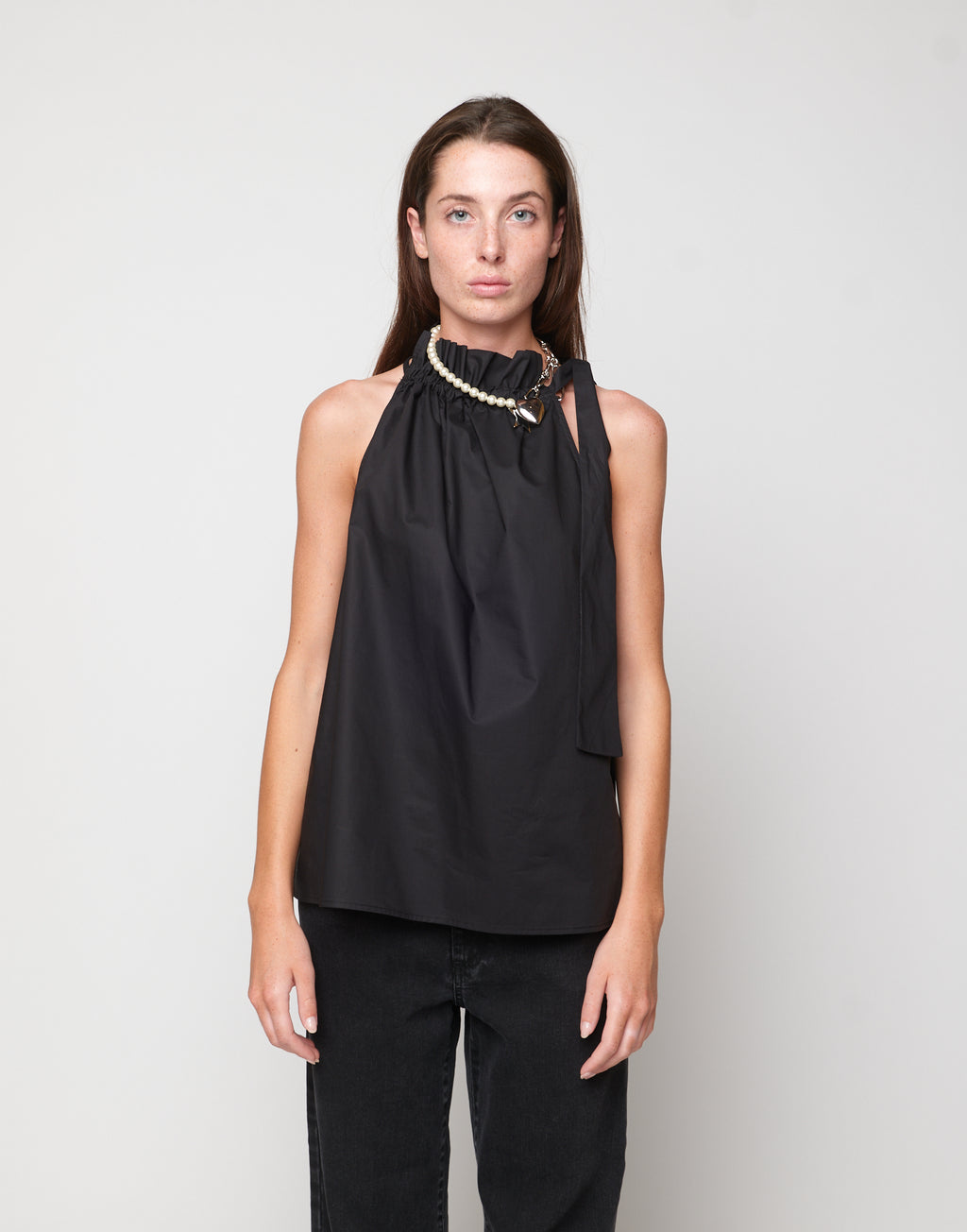 DOUUOD Top Halter Arricciato con Nastro in Popeline di Cotone Nero