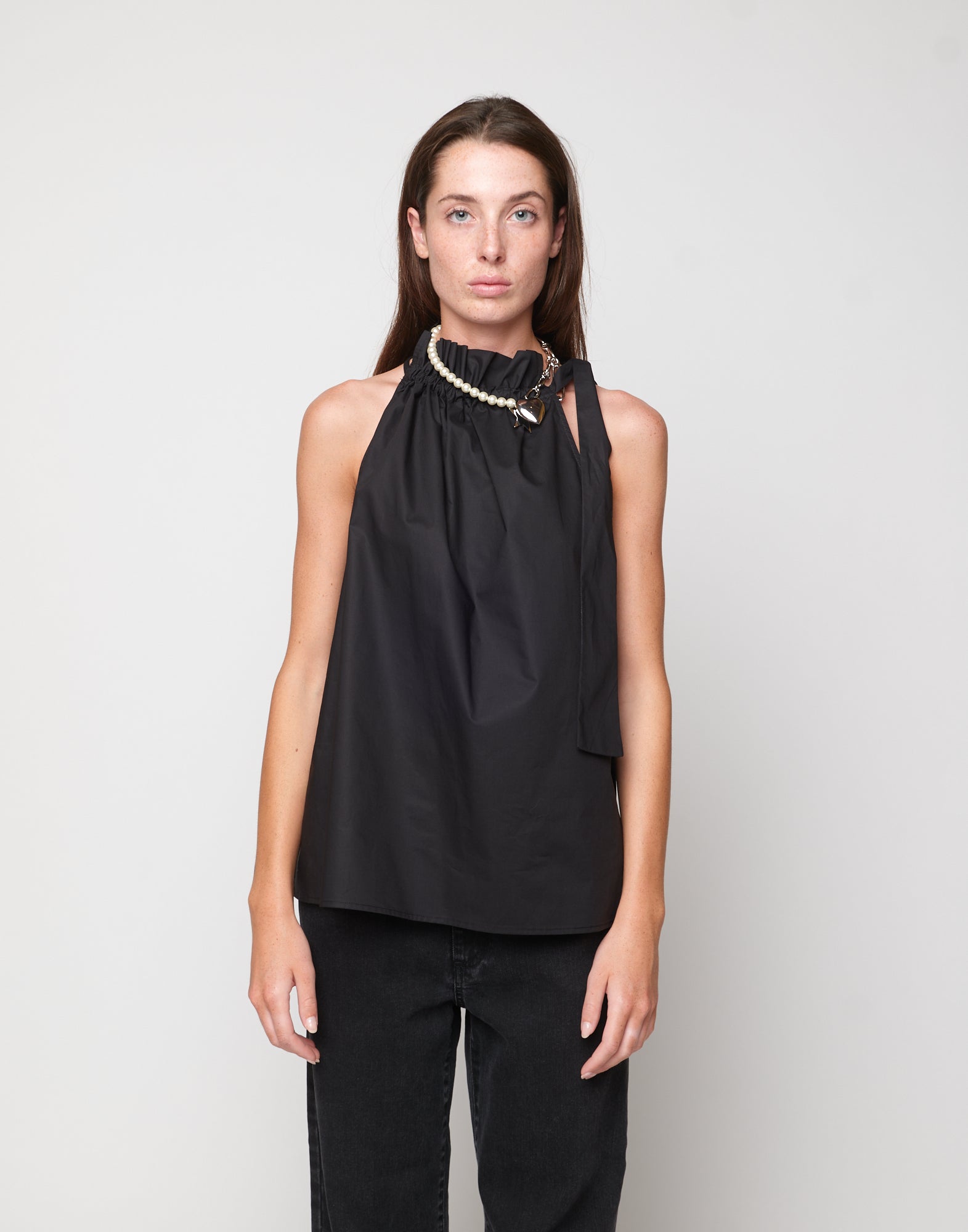 DOUUOD Top Halter Arricciato con Nastro in Popeline di Cotone Nero