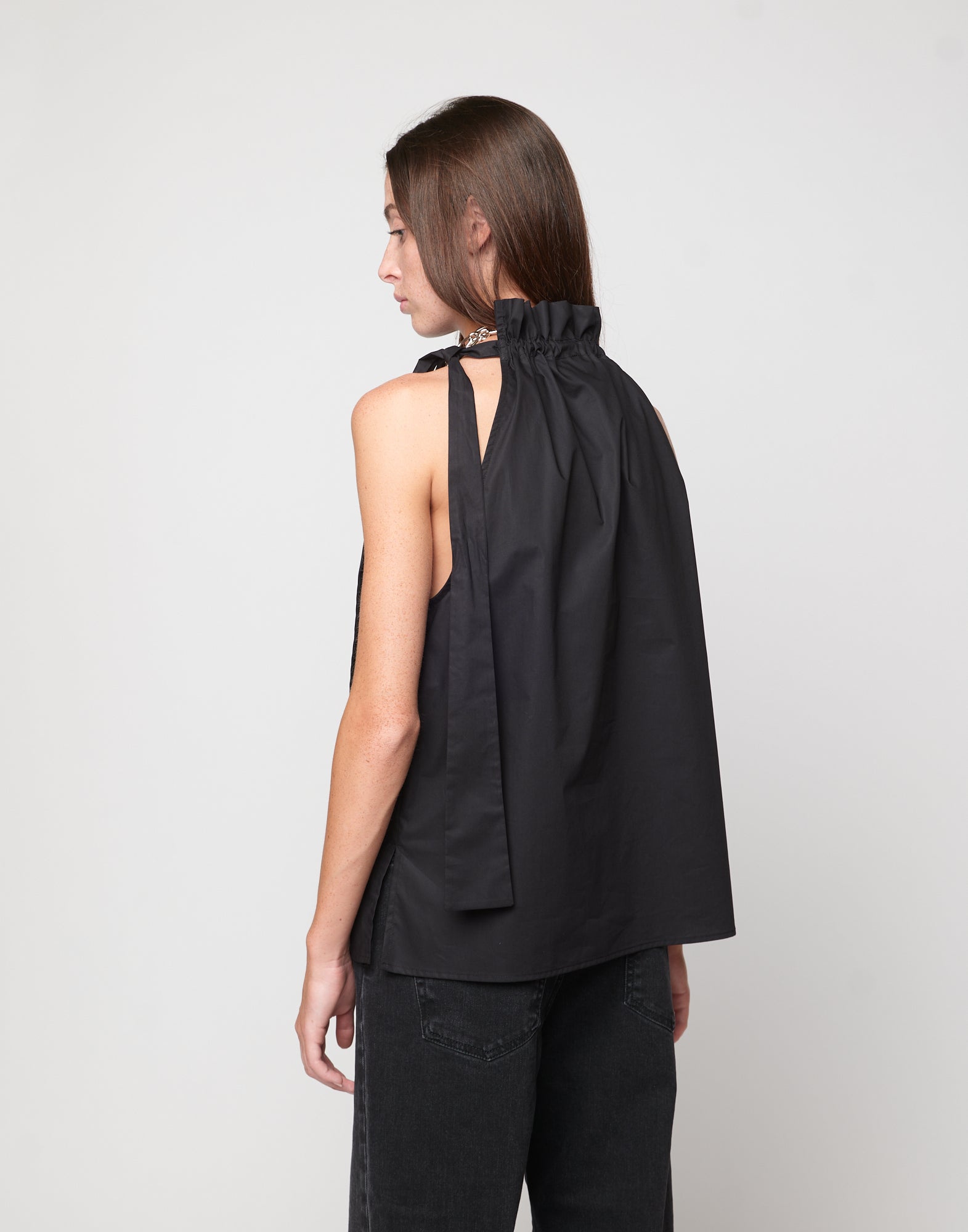 DOUUOD Top Halter Arricciato con Nastro in Popeline di Cotone Nero