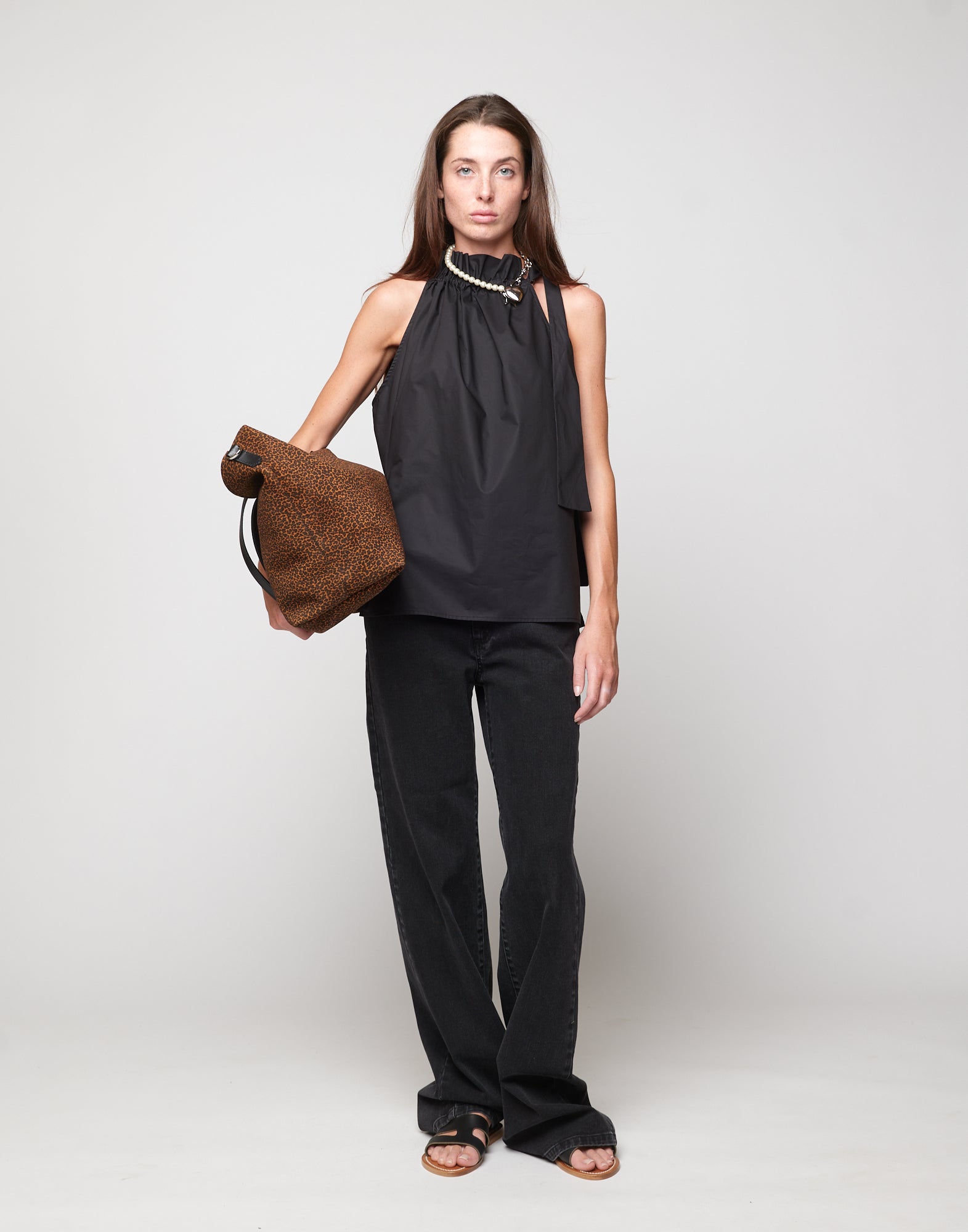 DOUUOD Top Halter Arricciato con Nastro in Popeline di Cotone Nero