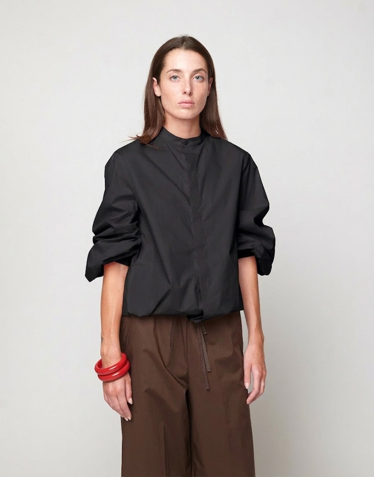 DOUUOD Camicia Maniche a Baloon in Popeline di Cotone Nera