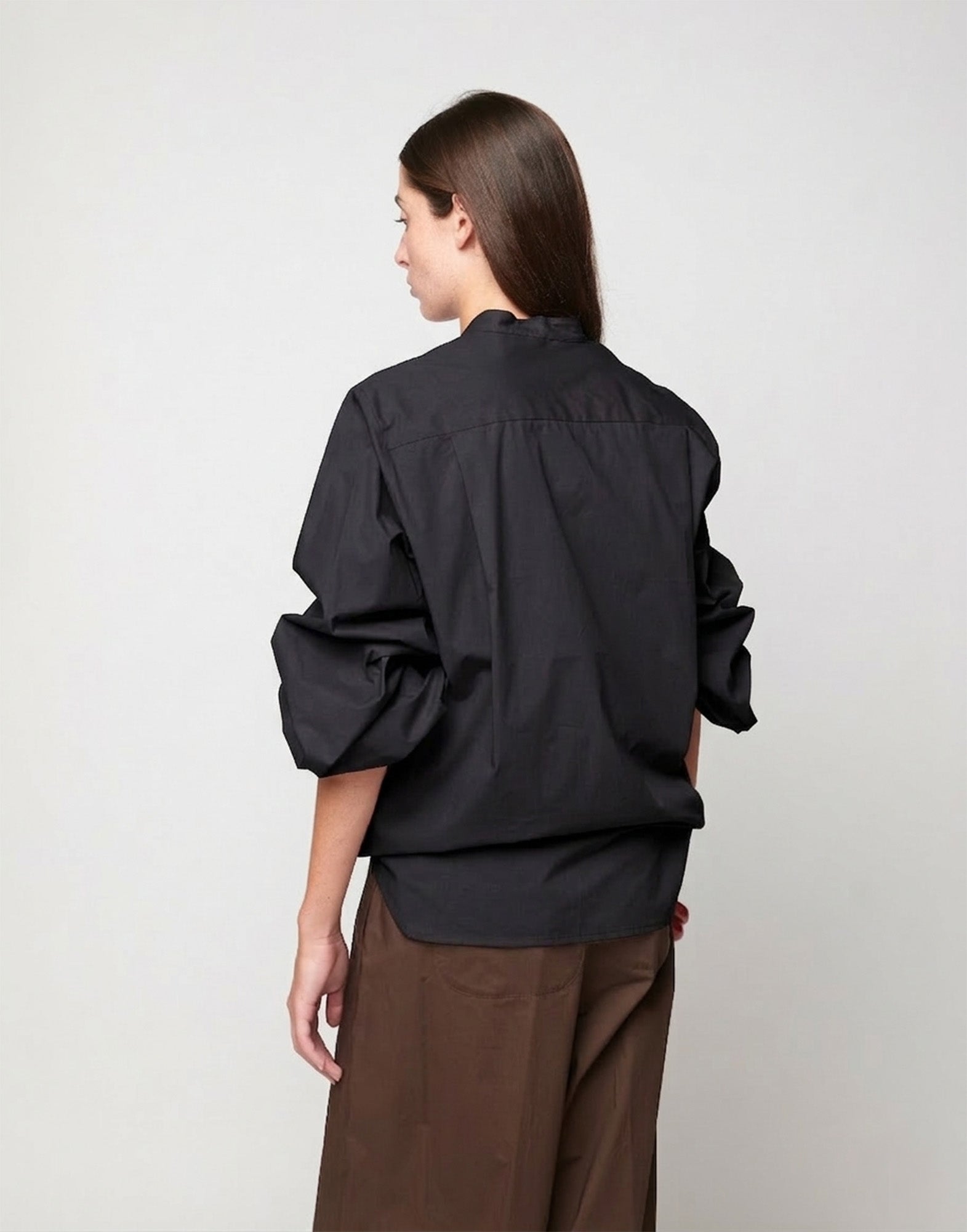 DOUUOD Camicia Maniche a Baloon in Popeline di Cotone Nera