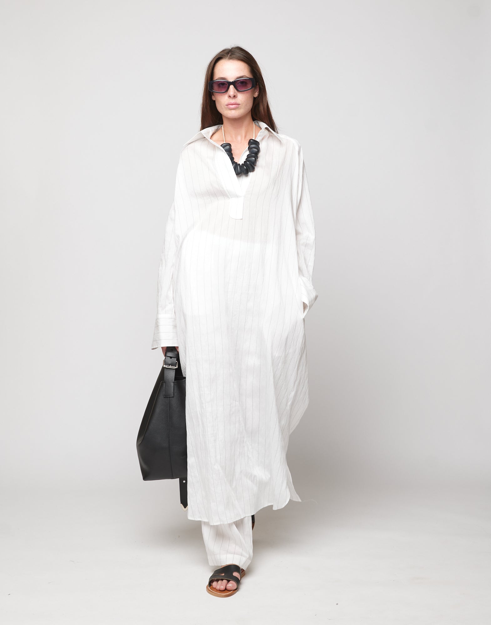 DOUUOD Abito Polo Lungo in Gessato Lyocell